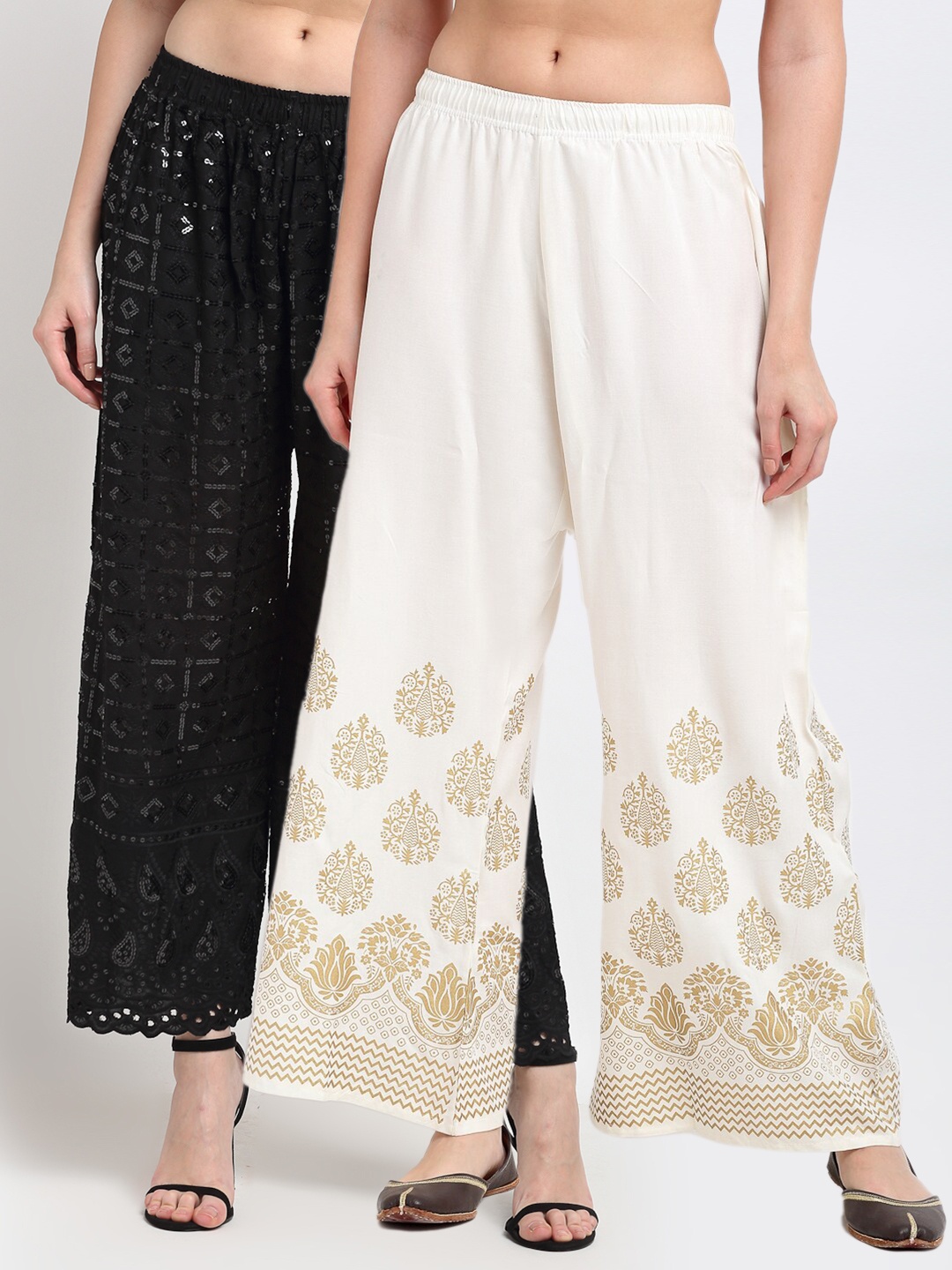 

TAG 7 Women Pack of 2 Black & White Embellished Flared Palazzos