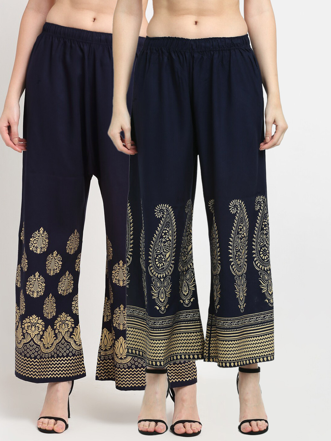 

TAG 7 Women Pack of 2 Navy Blue & Gold-Toned Printed Wide Leg Palazzos