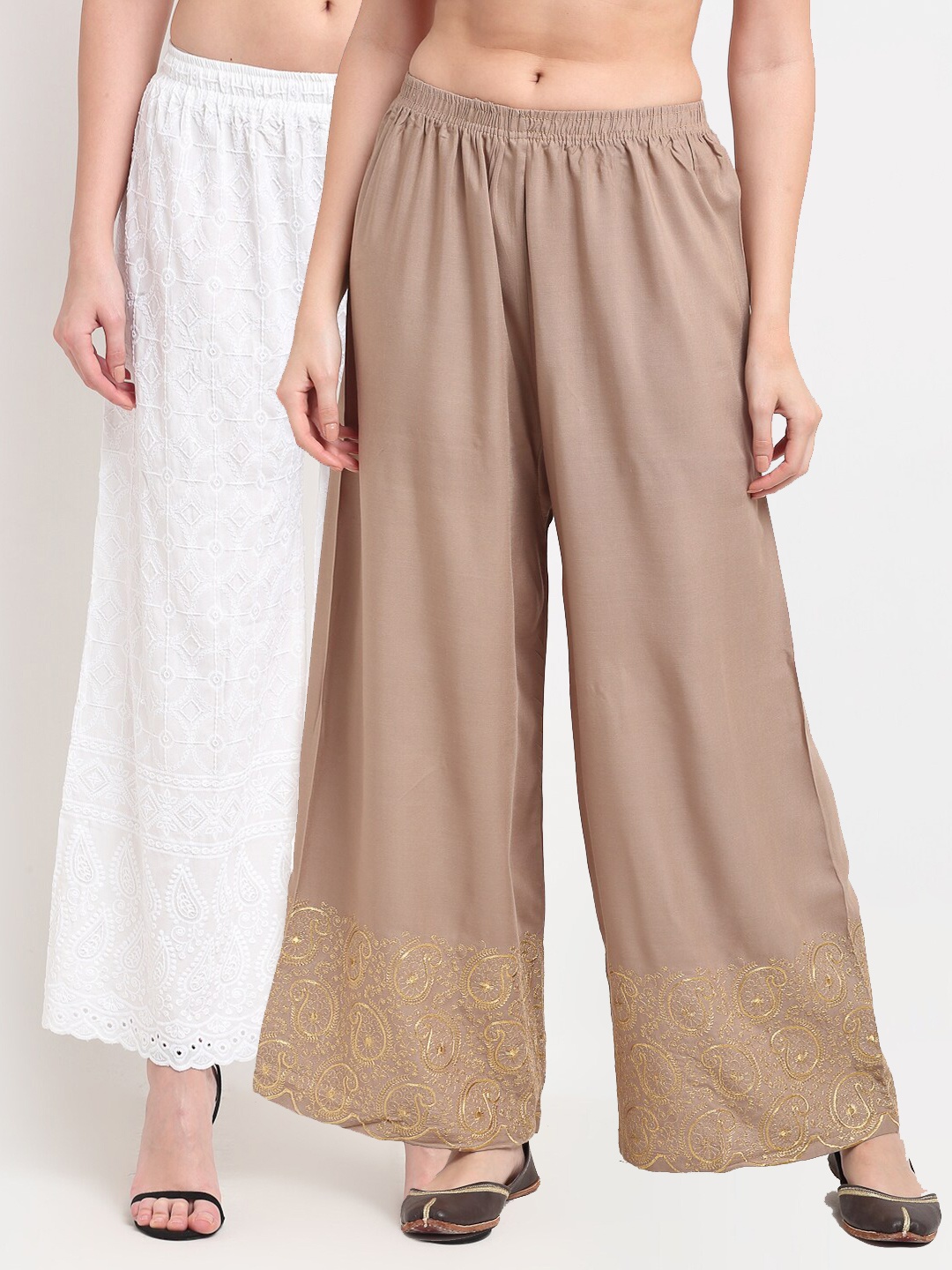

TAG 7 Women Beige & White Pack of 2 Floral Embroidered Palazzos