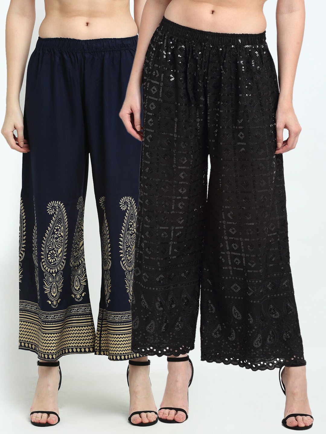

TAG 7 Women Black & Navy Blue 2 Ethnic Motifs Printed Palazzos