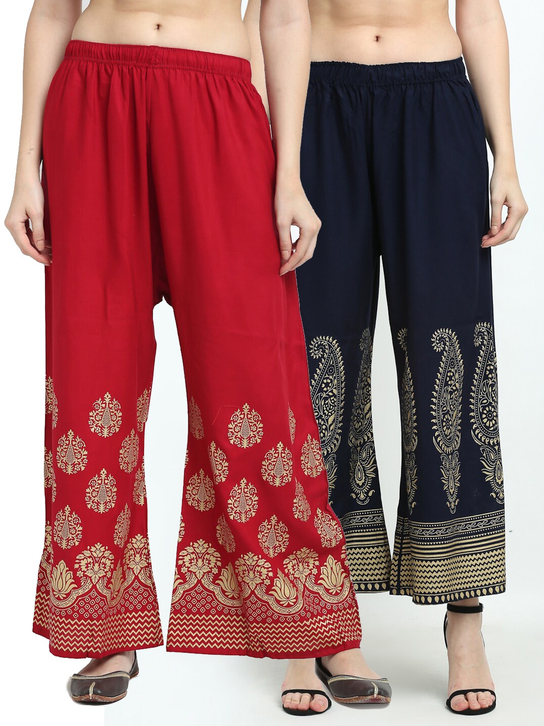 

TAG 7 Women Pack of 2 Navy Blue & Red Printed Wide Leg Palazzos