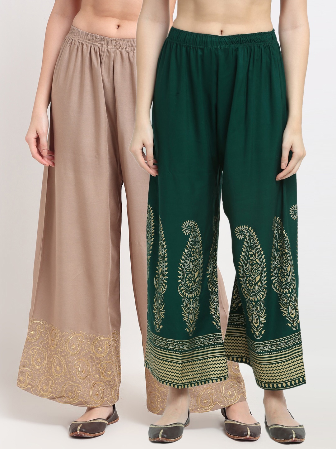 

TAG 7 Women Beige & Green Pack of 2 Ethnic Motifs Printed Palazzos