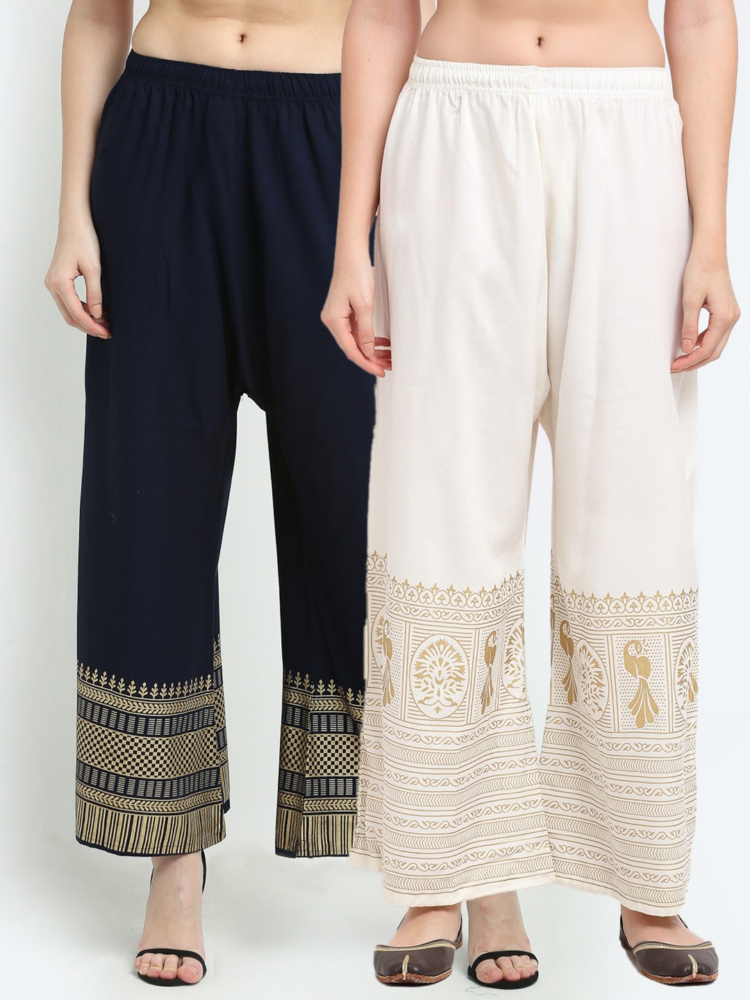 

TAG 7 Women Pack of 2 Navy Blue & White Printed Wide Leg Palazzos