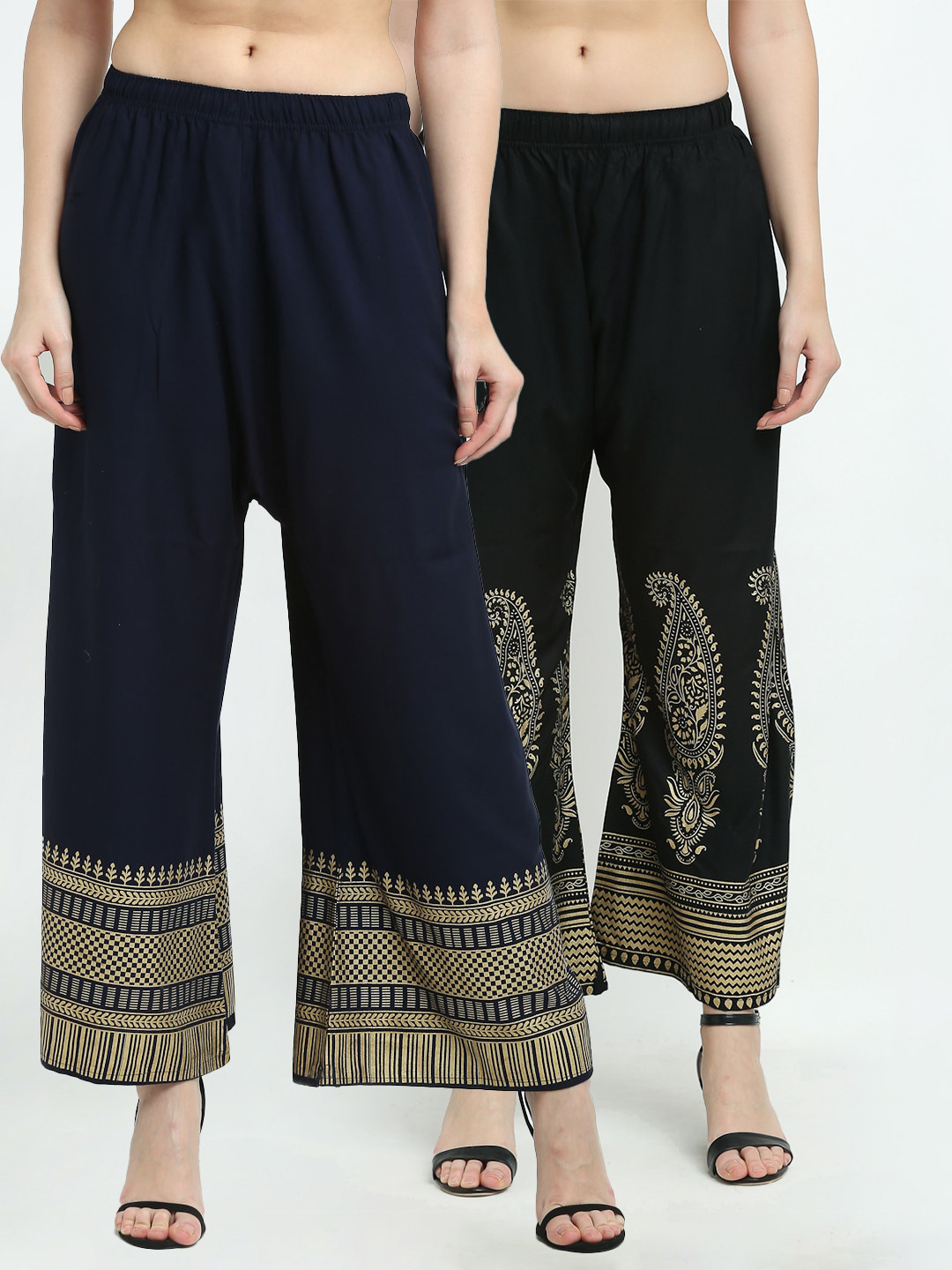 

TAG 7 Women Pack Of 2 Black & Navy Blue Ethnic Motifs Printed Wide Leg Palazzos