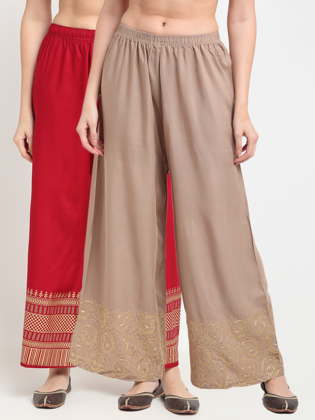 

TAG 7 Women Beige & Red Pack of 2 Ethnic Motifs Embroidered Palazzos