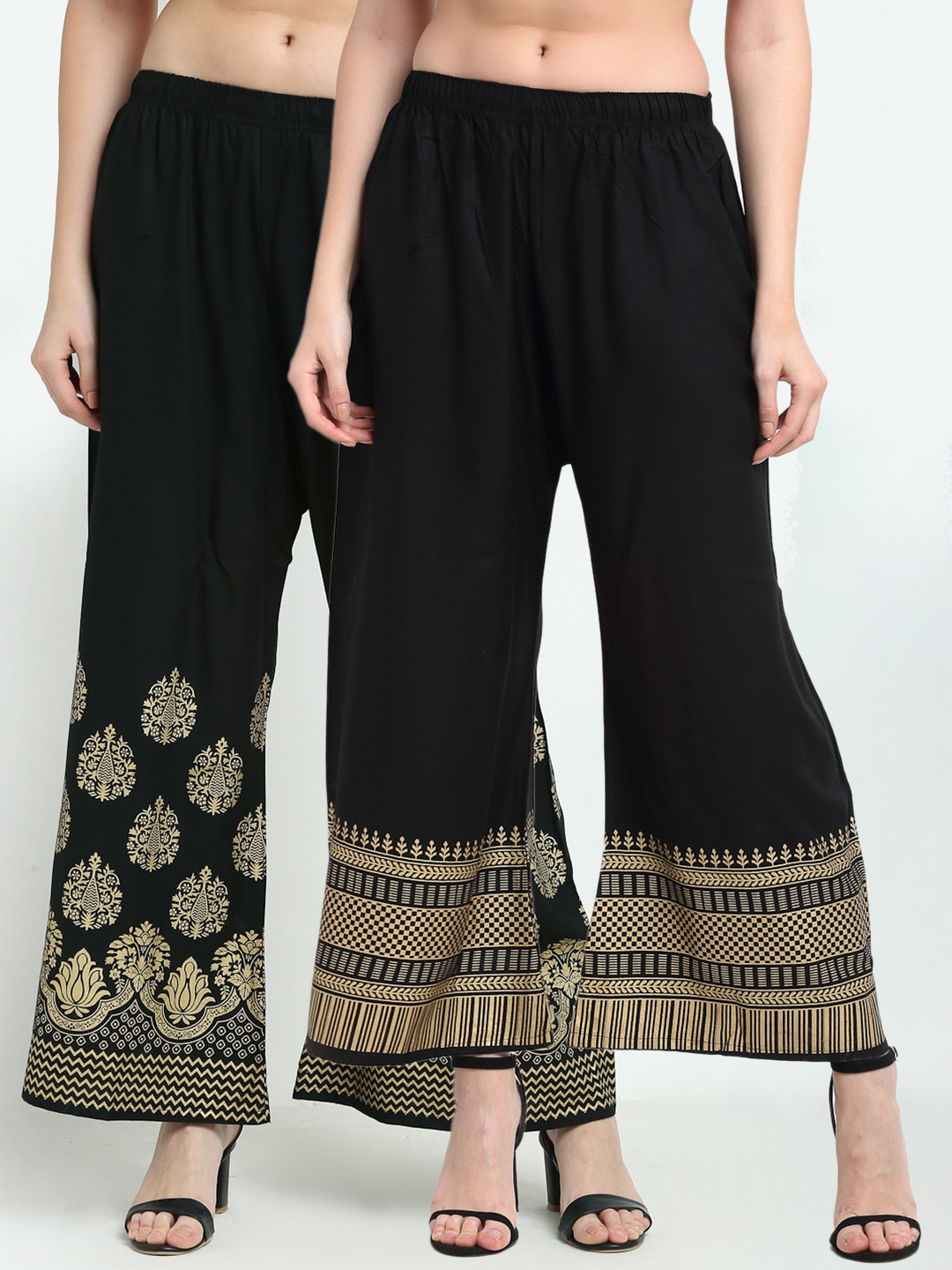 

TAG 7 Women Pack of 2 Black & Gold-Toned Printed Flared Palazzos
