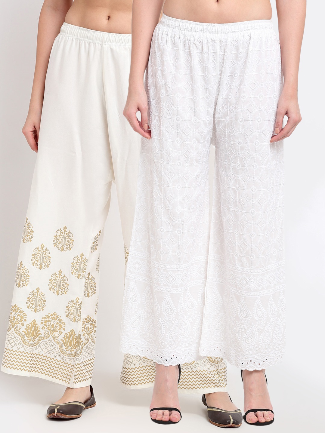 

TAG 7 Women Pack of 2 White & Gold-Toned Embroidered Wide Leg Palazzos