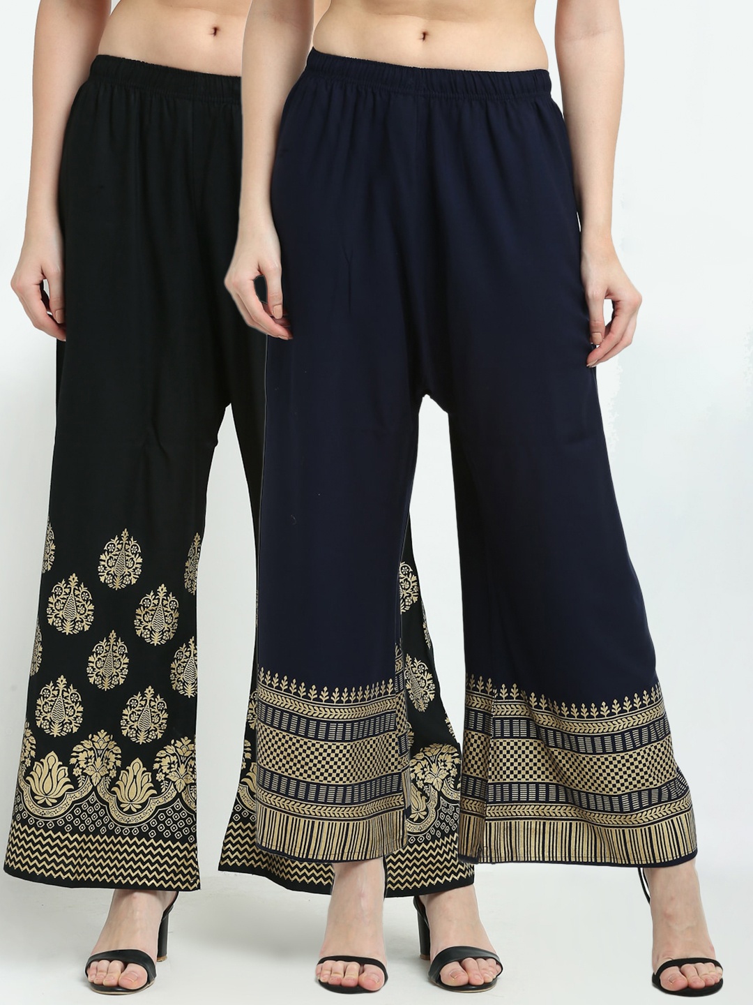 

TAG 7 Pack of 2 Women Navy Blue & Gold-Toned Ethnic Motifs Printed Palazzos