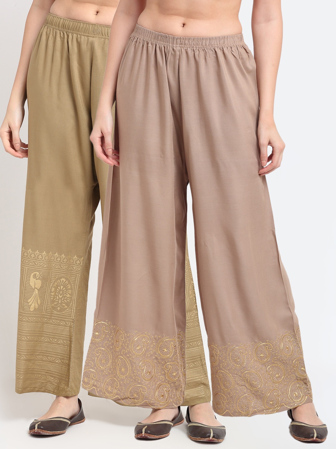 

TAG 7 Women Pack Of 2 Beige & Brown Ethnic Motifs Printed Wide Leg Palazzos