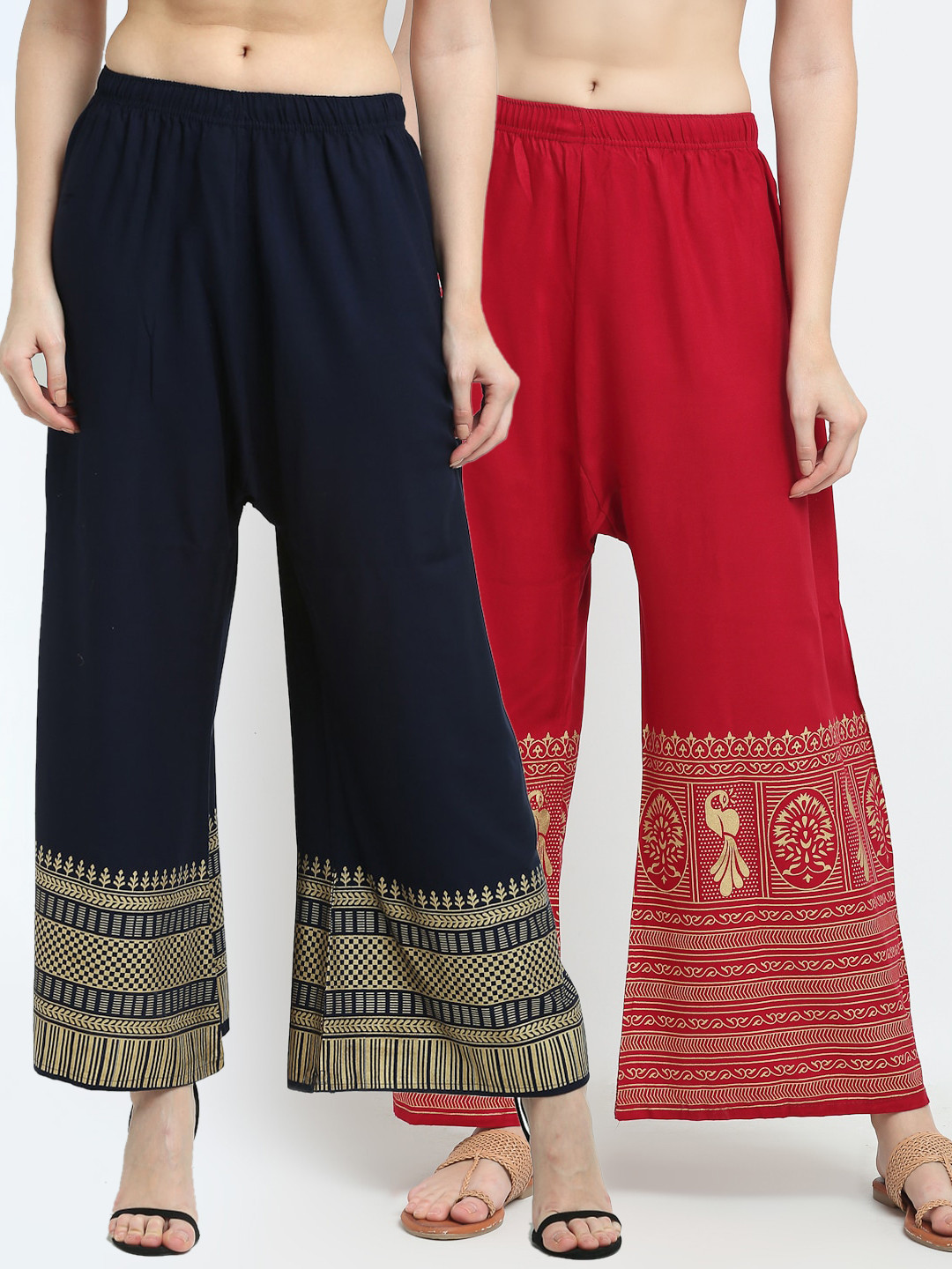 

TAG 7 Women Pack Of 2 Red & Navy Blue Ethnic Motifs Printed Wide Leg Palazzos