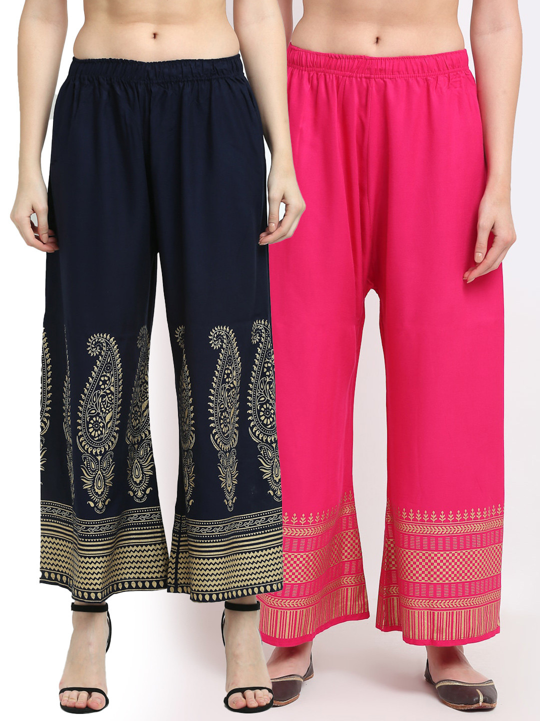 

TAG 7 Women Navy Blue & Pink Pack of 2 Ethnic Motifs Printed Palazzos