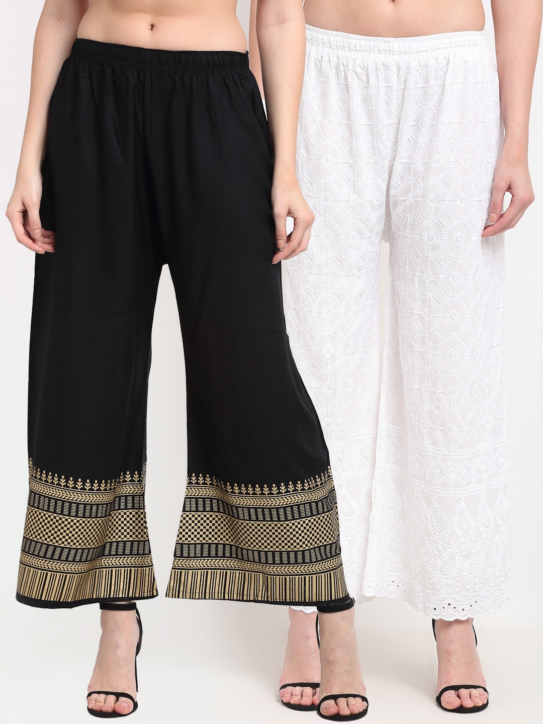 

TAG 7 Women White & Black Pack of 2 Floral Embroidered Palazzos