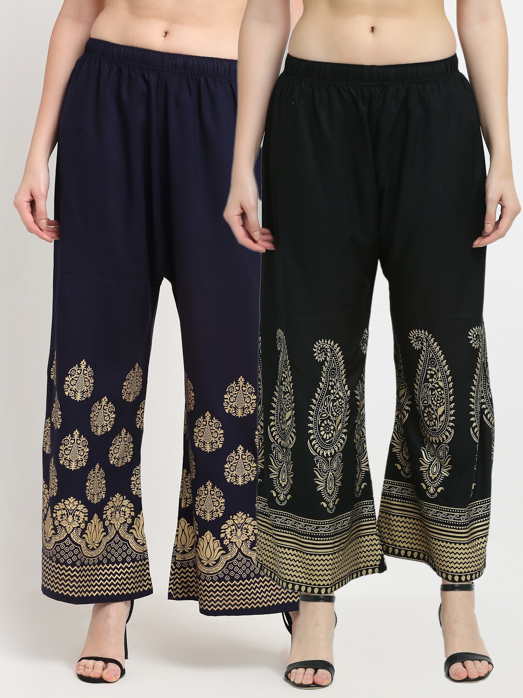 

TAG 7 Women Pack of 2 Black & Navy Blue Printed Wide Leg Palazzos