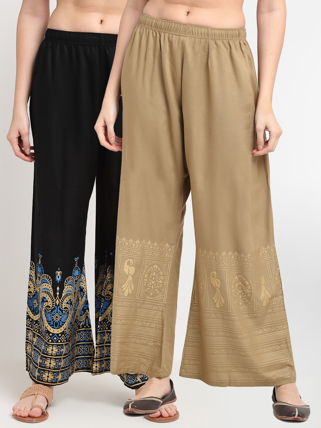 

TAG 7 Women Pack of 2 Black & Beige Printed Wide Leg Palazzos