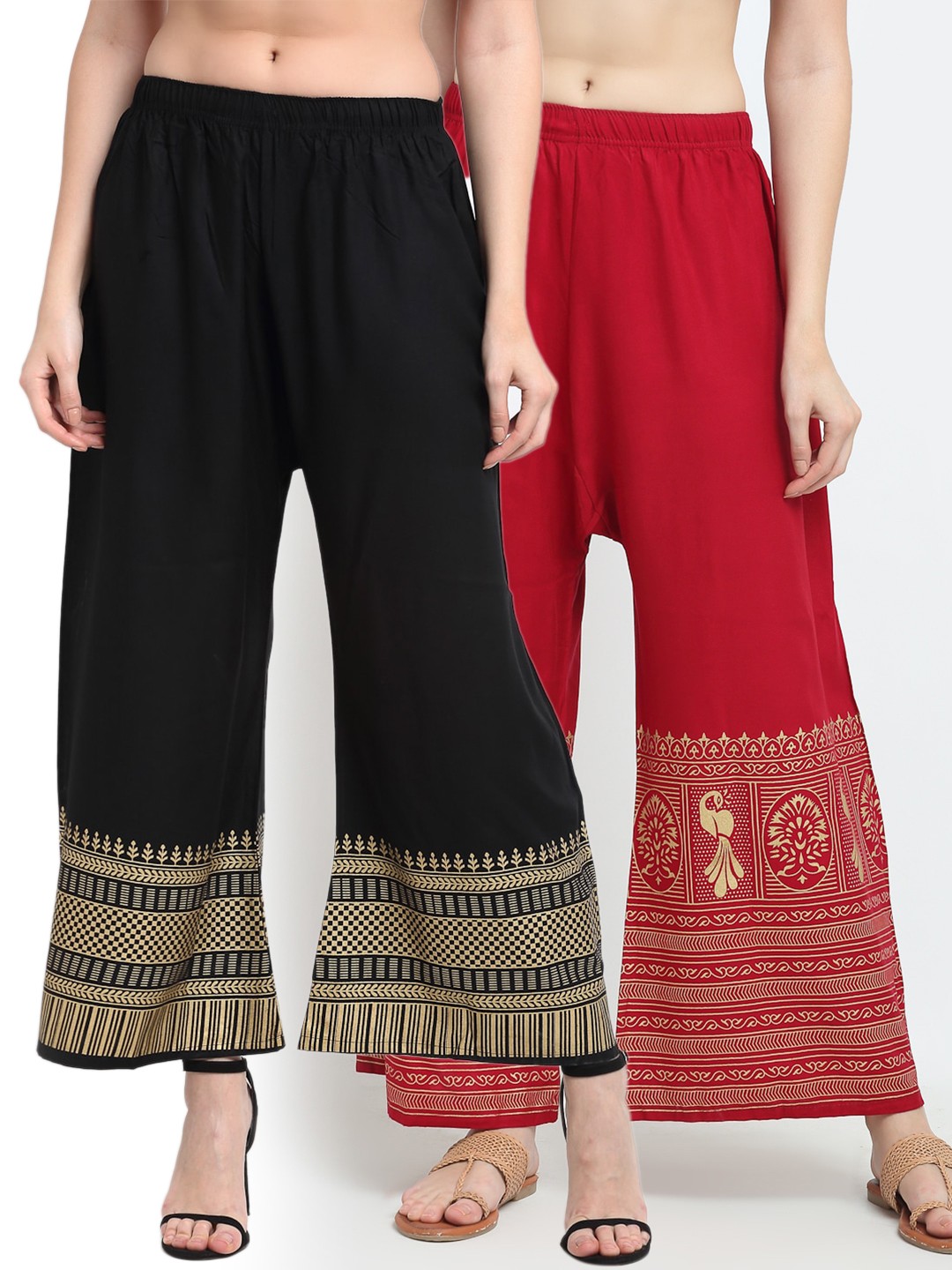 

TAG 7 Women Pack Of 2 Ethnic Motifs Printed Flared Palazzos, Black