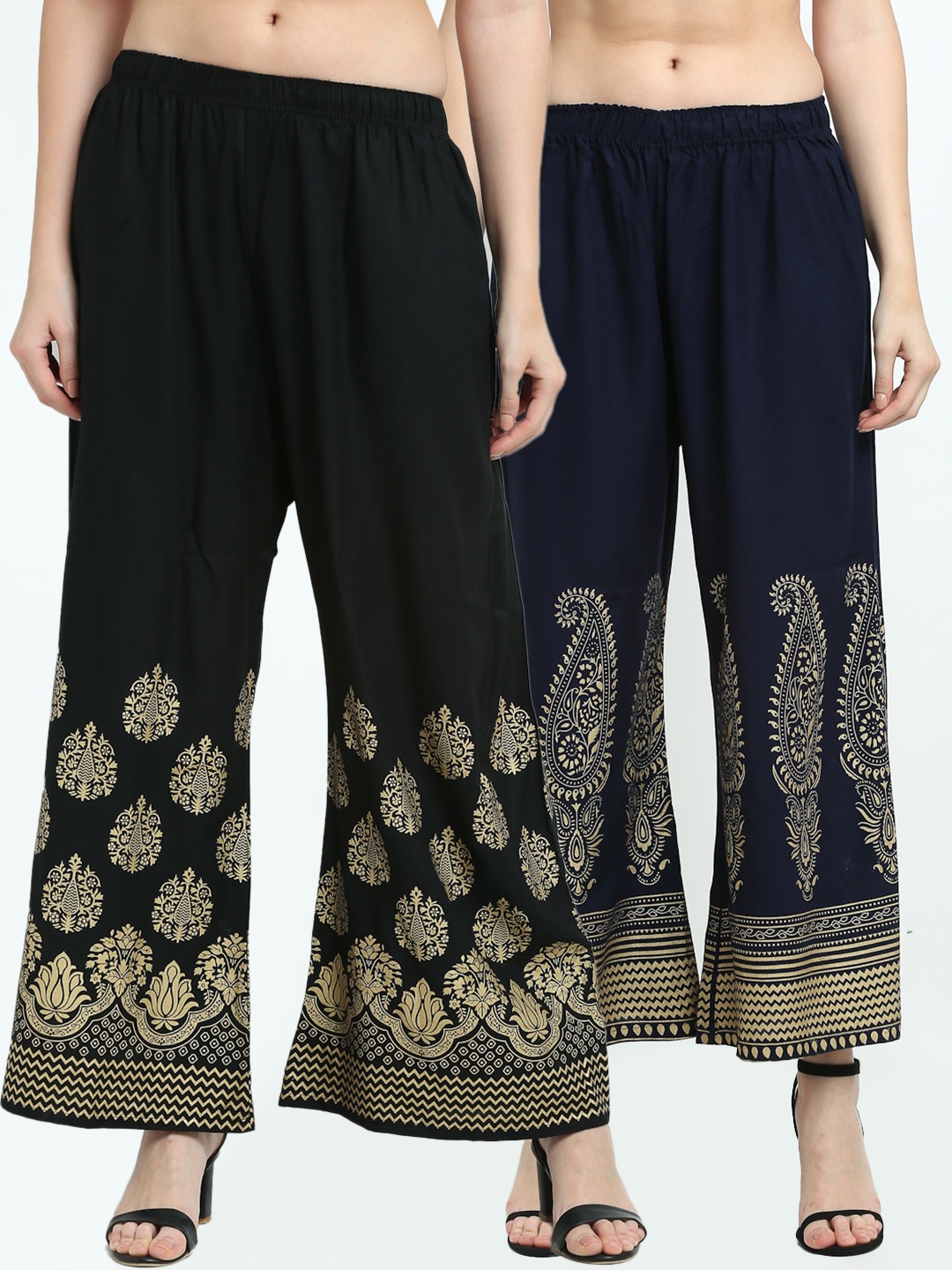 

TAG 7 Pack of 2 Women Navy Blue & Black Ethnic Motifs Printed Palazzos