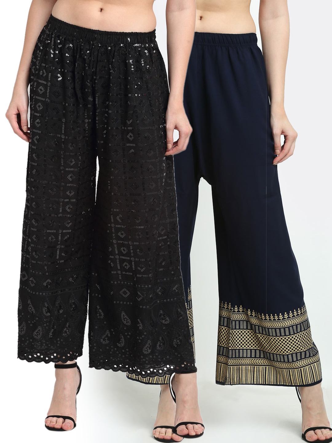 

TAG 7 Women Pack Of 2 Black Ethnic Motifs Printed Wide Leg Palazzos