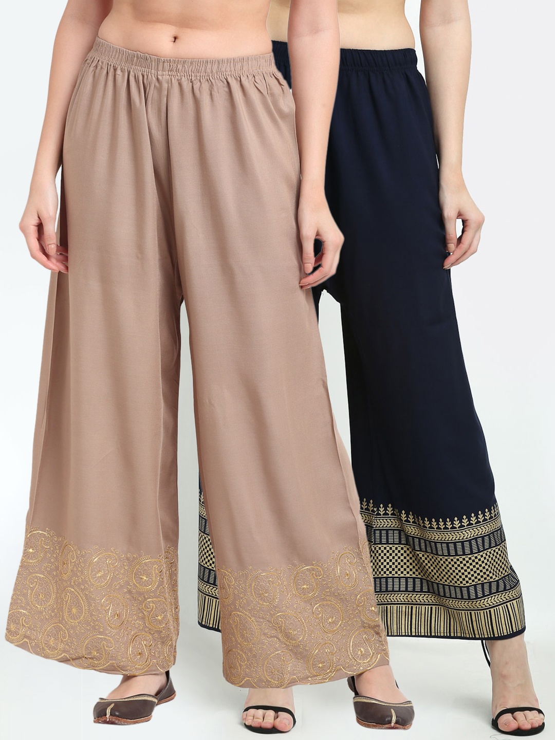 

TAG 7 Women Beige & Navy Blue Pack of 2 Ethnic Motifs Embroidered Palazzos