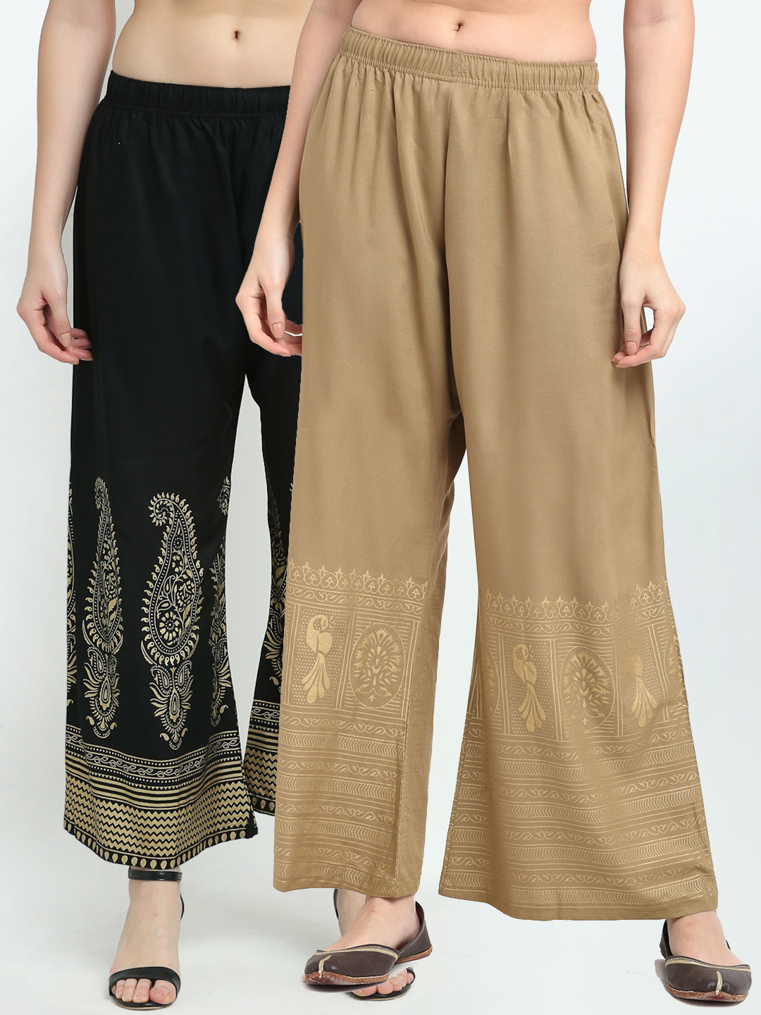 

TAG 7 Women Pack of 2 Ethnic Motifs Printed Flared Ethnic Palazzos, Black