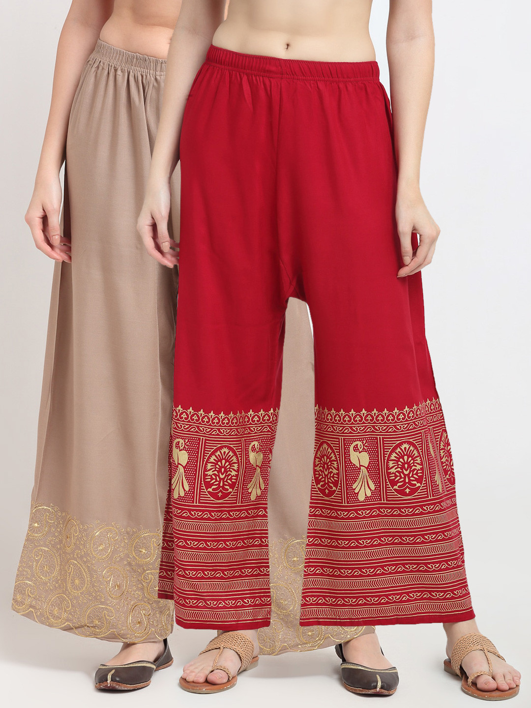 

TAG 7 Women Beige & Red Pack of 2 Ethnic Motifs Embroidered Palazzos