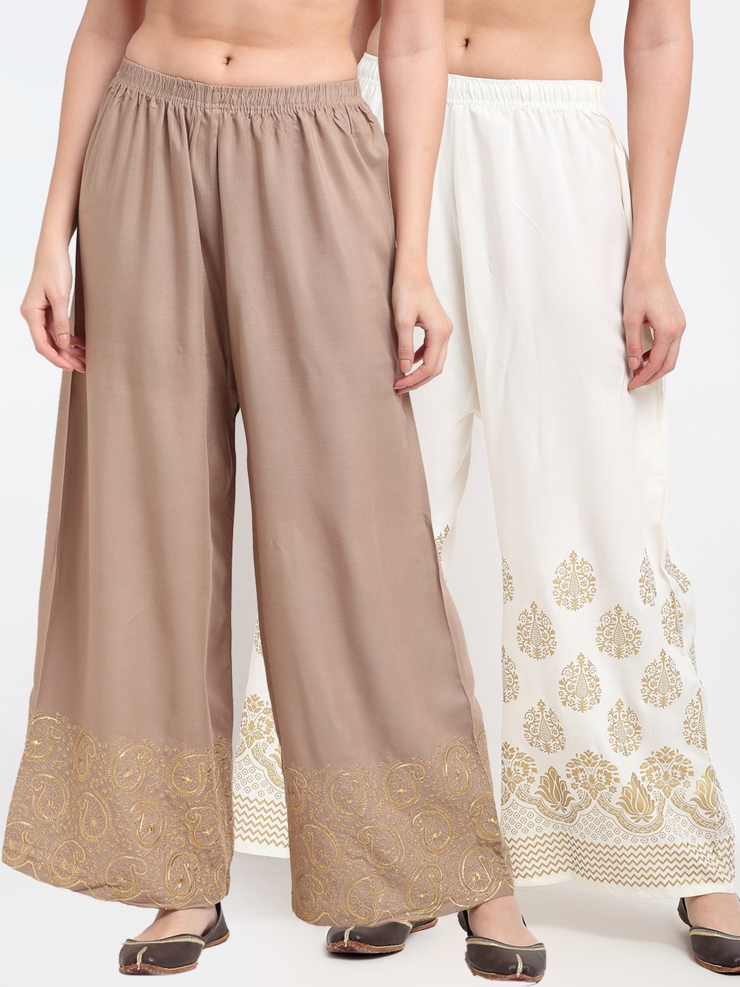 

TAG 7 Women Pack of 2 Beige & White Embroidered Flared Palazzos