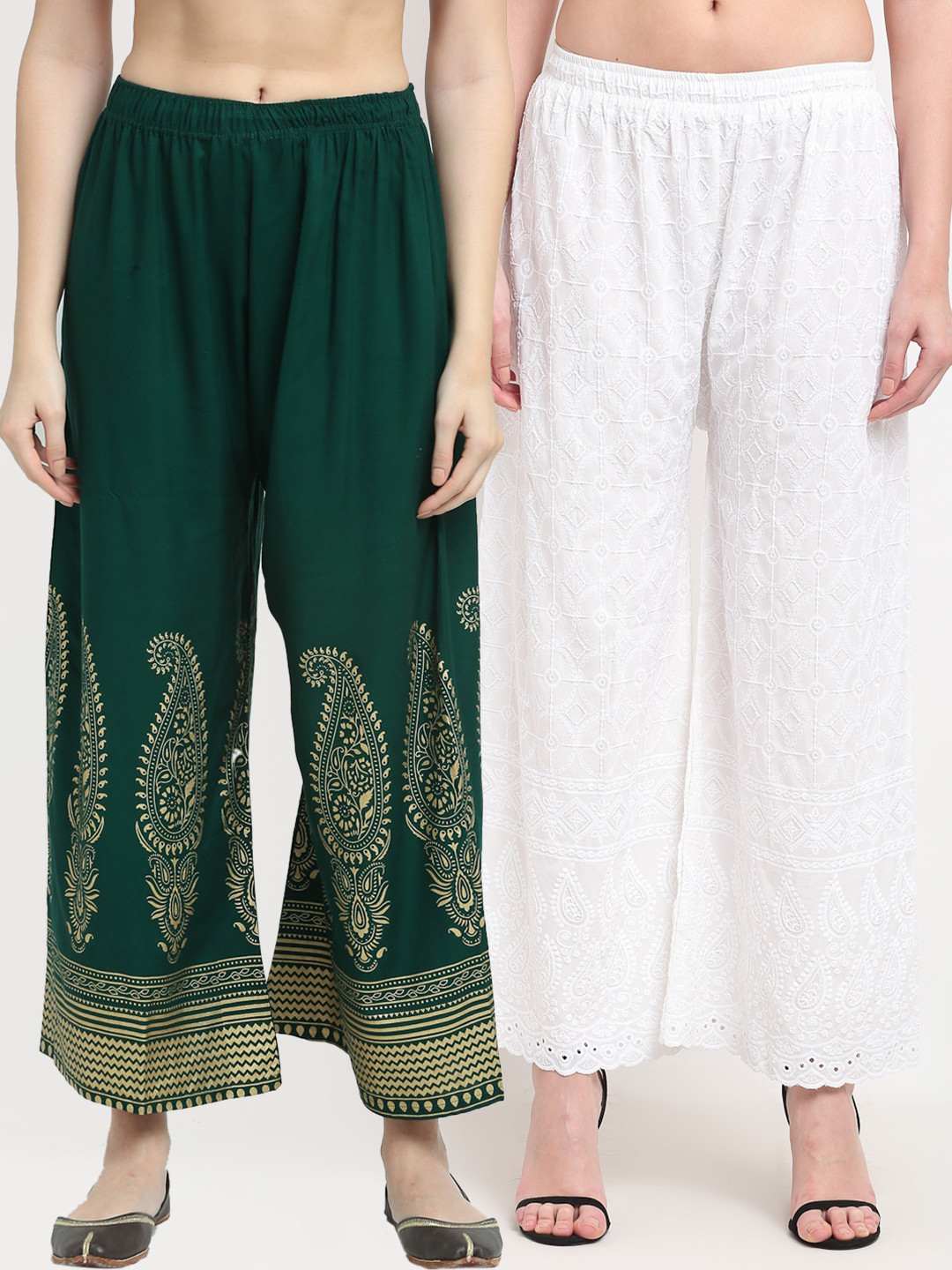 

TAG 7 Pack of 2 Women White & Green Paisley Embroidered Palazzos