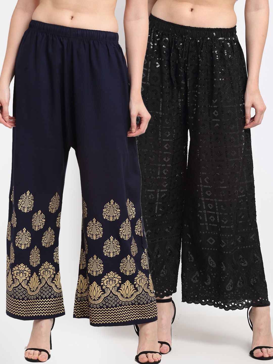 

TAG 7 Women Black & Navy Blue Pack of 2 Ethnic Motifs Printed Palazzos