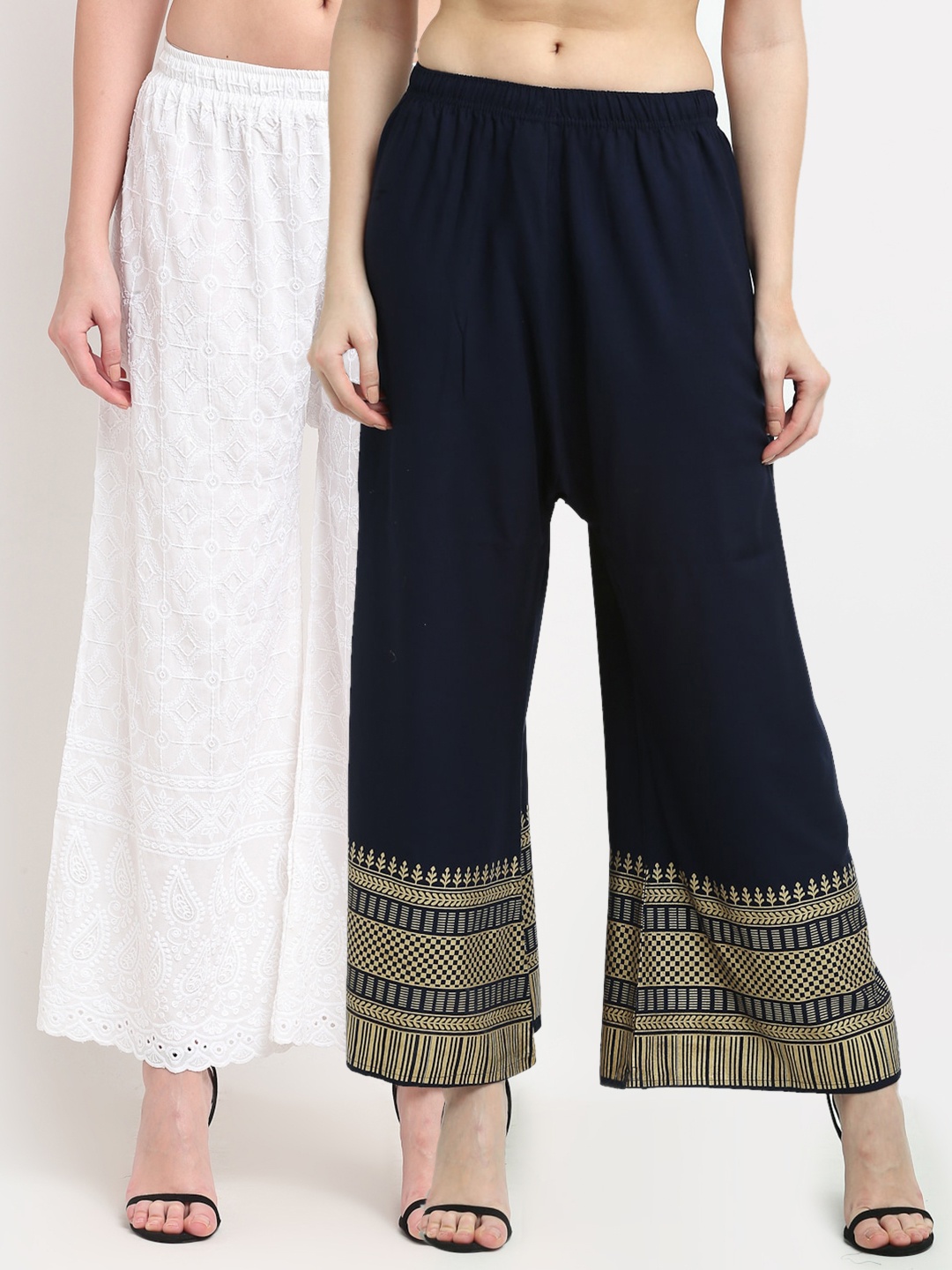 

TAG 7 Women Pack Of 2 White & Black Ethnic Motifs Printed Wide Leg Palazzos