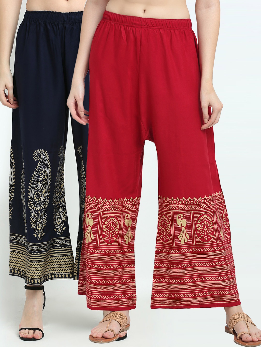 

TAG 7 Women Navy Blue & Red Pack of 2 Ethnic Motifs Printed Palazzos