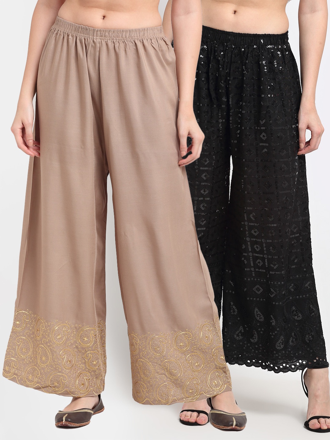 

TAG 7 Women Pack of 2 Beige & Black Embellished Flared Palazzos
