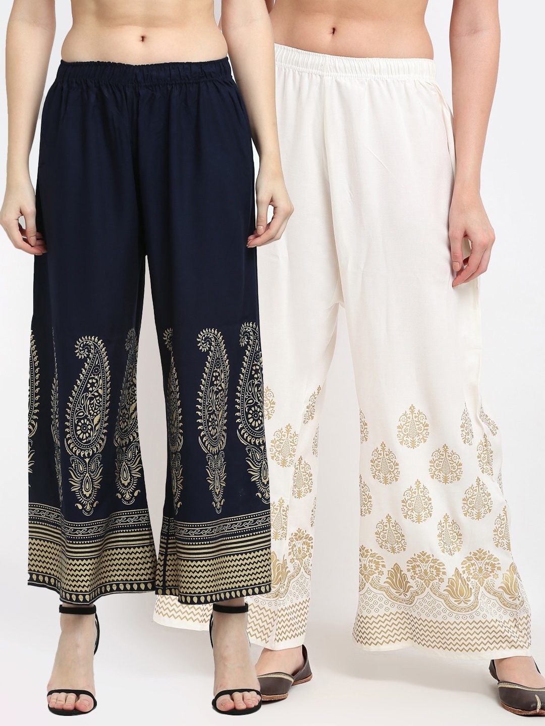 

TAG 7 Women Navy Blue & Off White Pack of 2 Flared Ethnic Palazzos