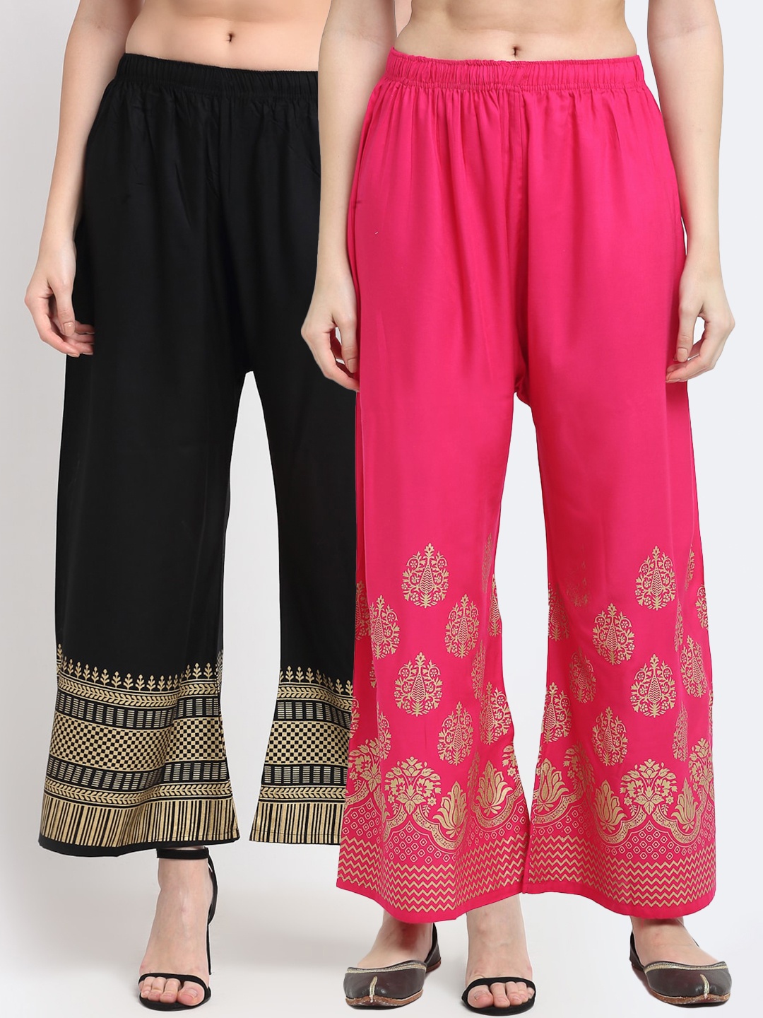 

TAG 7 Women Pack of 2 Black & Pink Printed Wide Leg Palazzos
