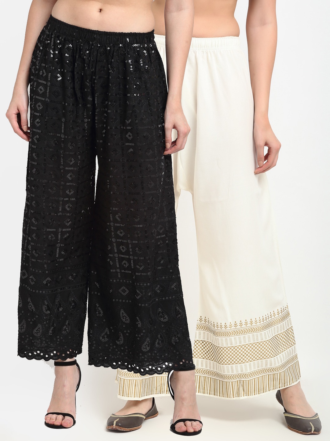 

TAG 7 Pack of 2 Women Black & White Ethnic Motifs Printed Flared Palazzos