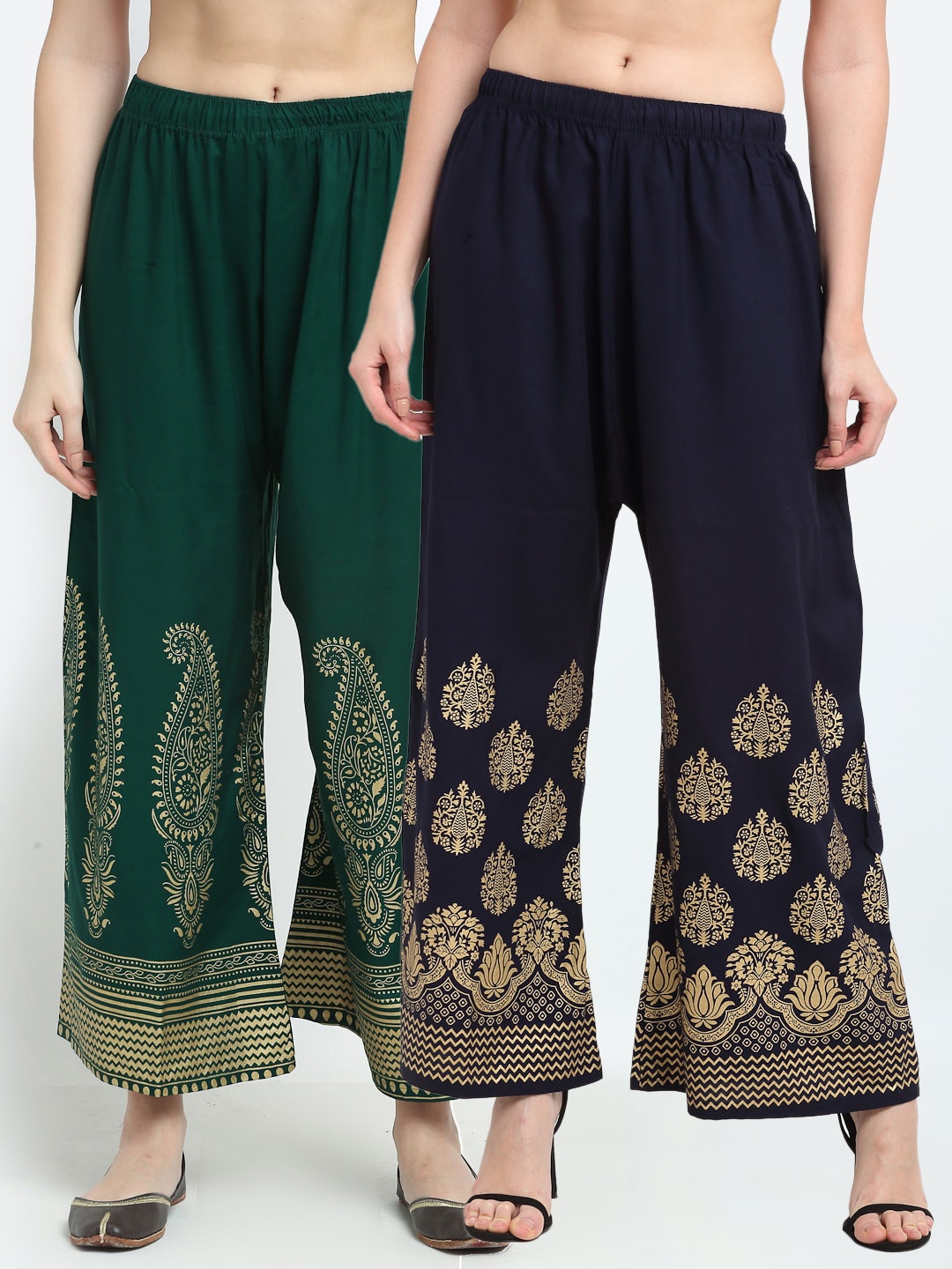 

TAG 7 Women Green & Navy Blue Pack of 2 Ethnic Motifs Printed Palazzos