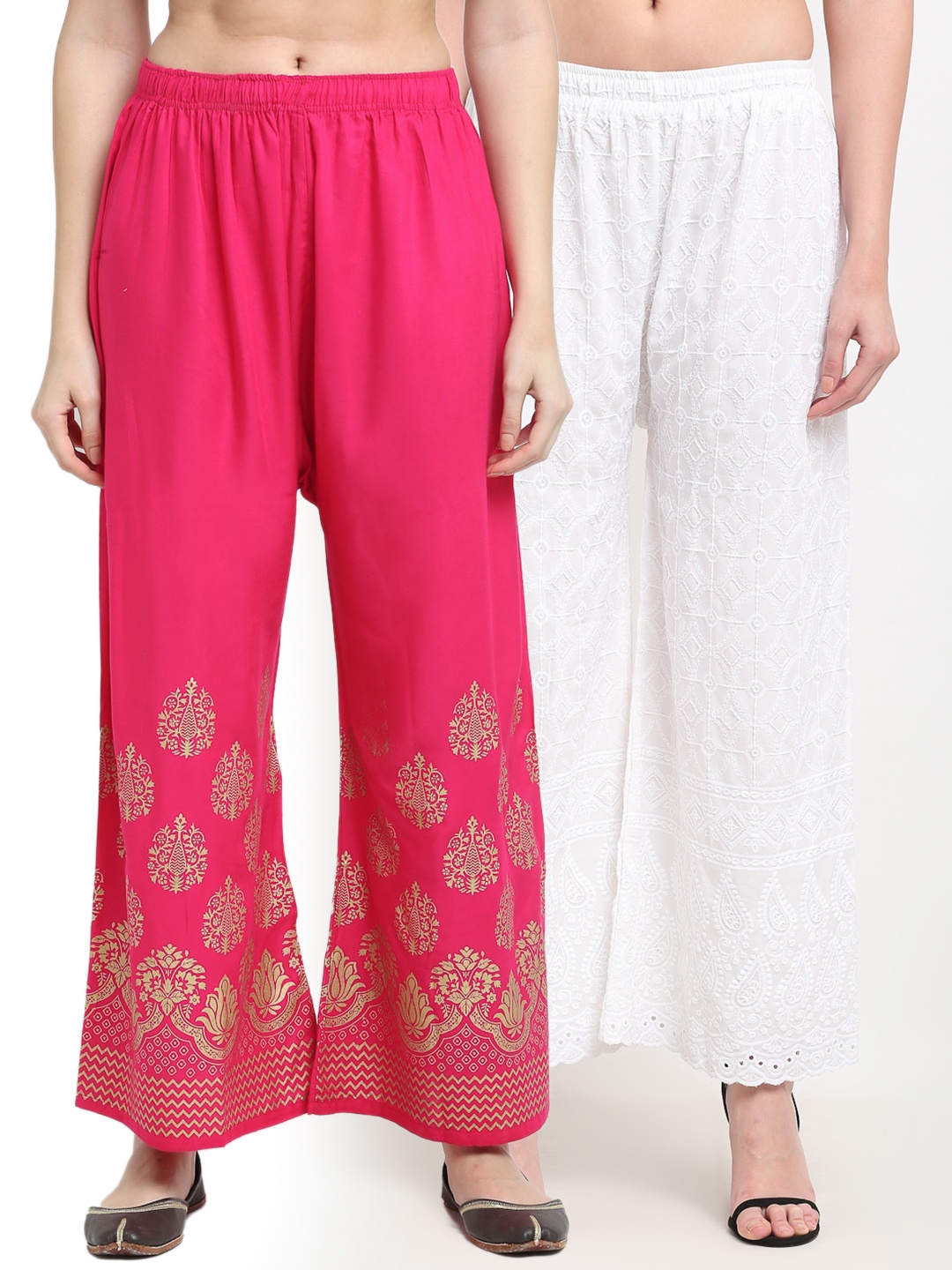 

TAG 7 Women Pack Of 2 White & Pink Ethnic Motifs Printed Wide Leg Palazzos