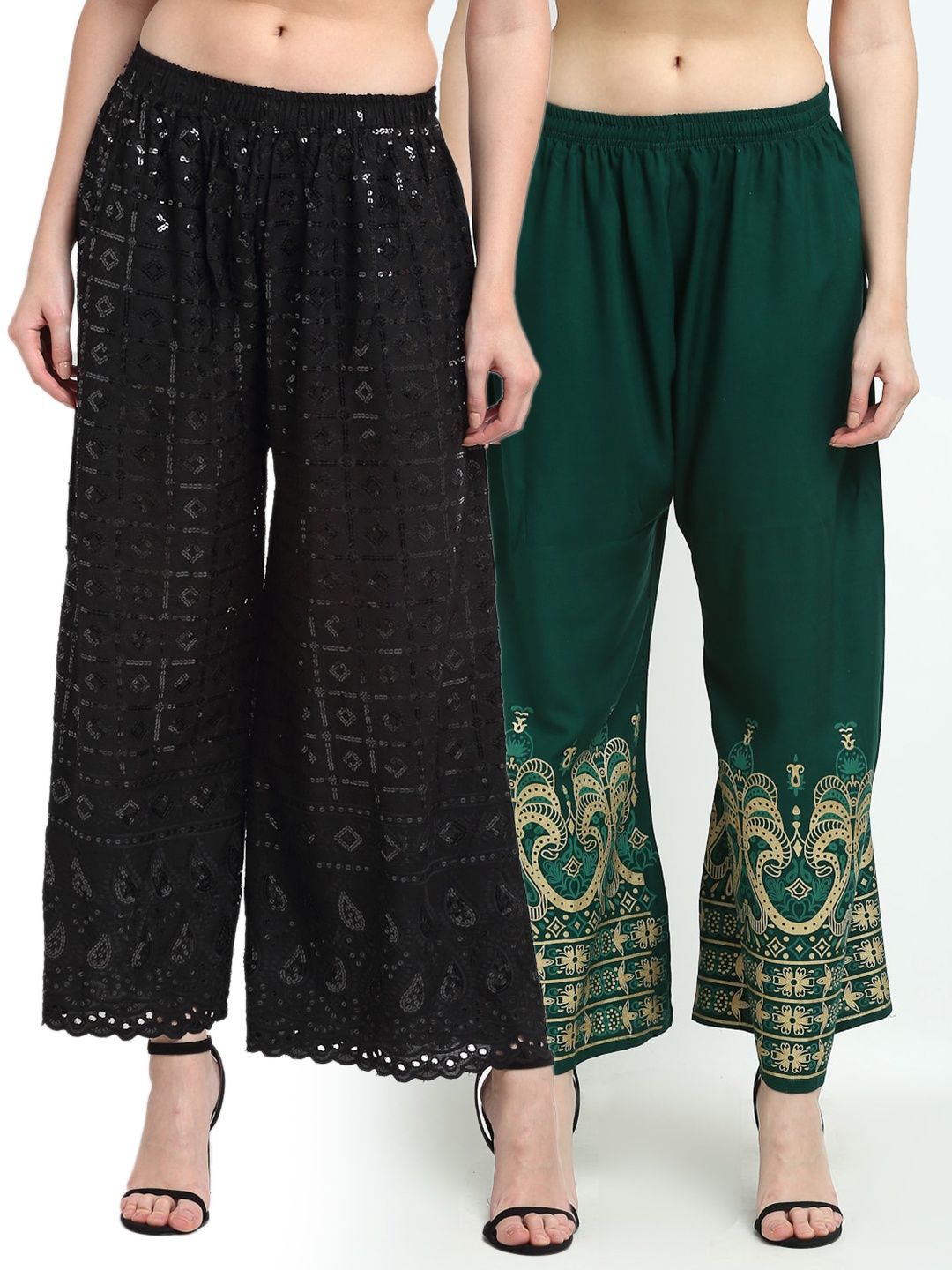 

TAG 7 Women Black & Green Pack of 2 Ethnic Motifs Palazzos