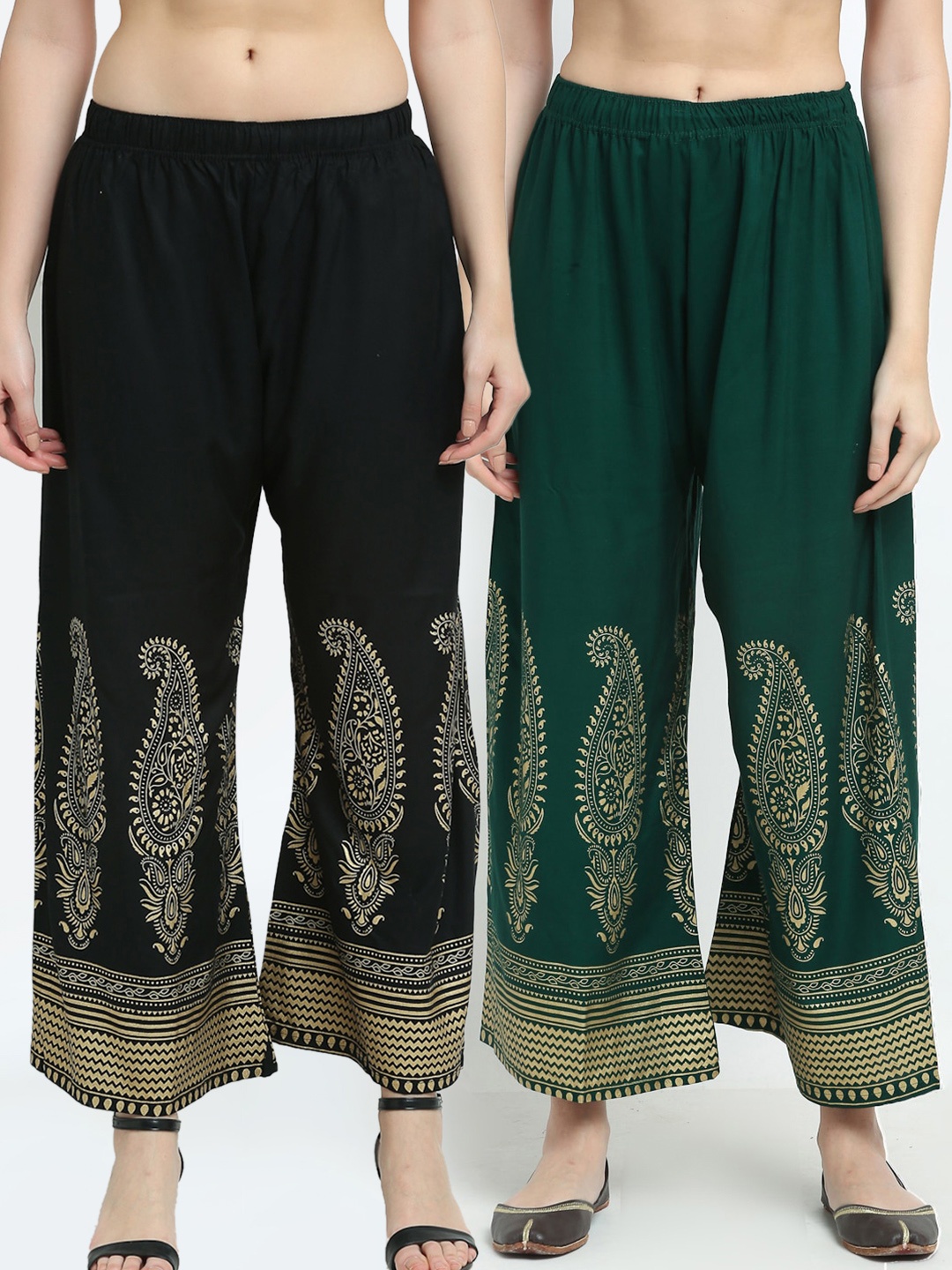 

TAG 7 Women Pack of 2 Black & Green Printed Wide Leg Palazzos