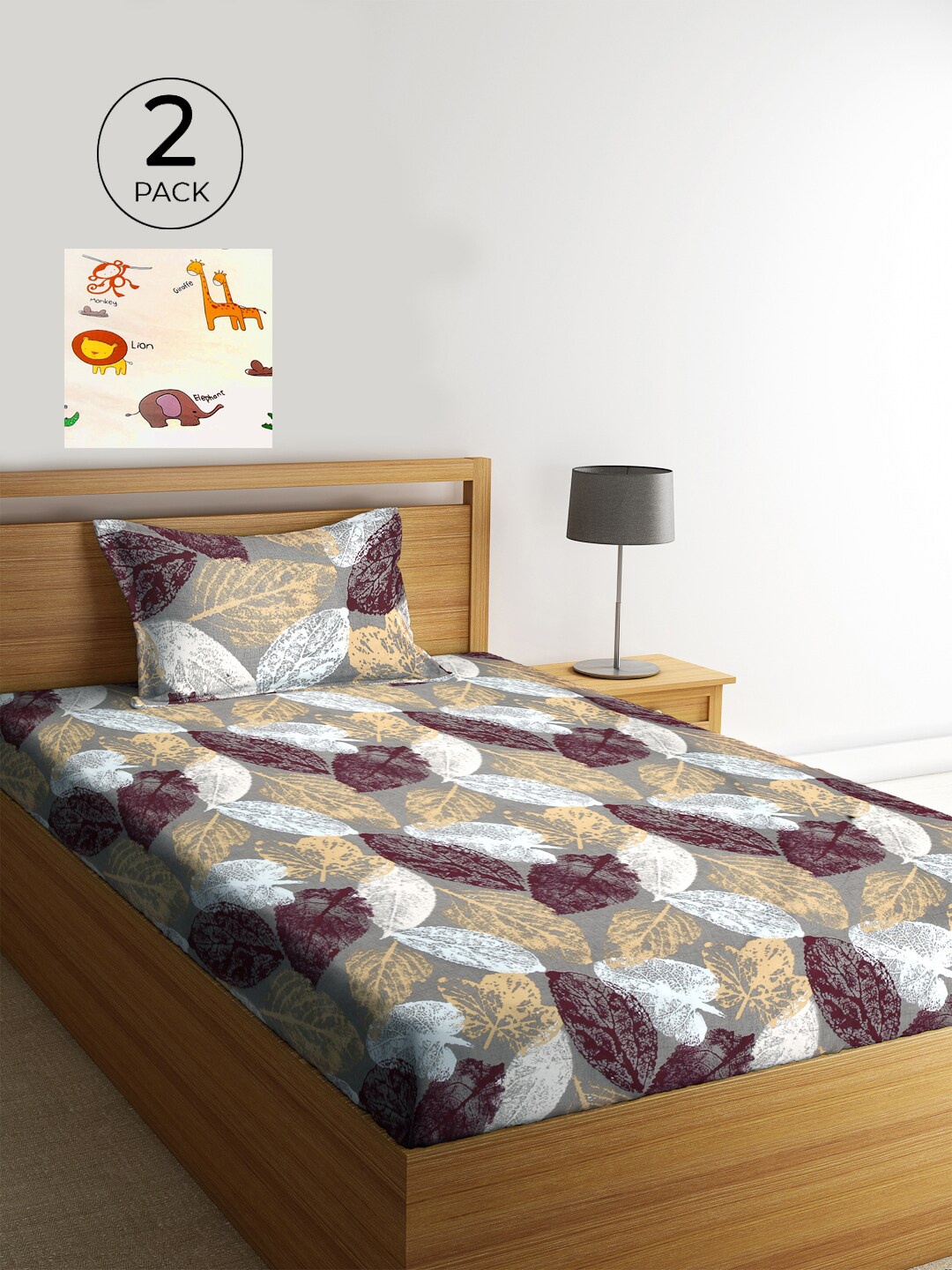 

KLOTTHE Grey Floral 210 TC Cotton 2 Single Bedsheet with 2 Pillow Cover