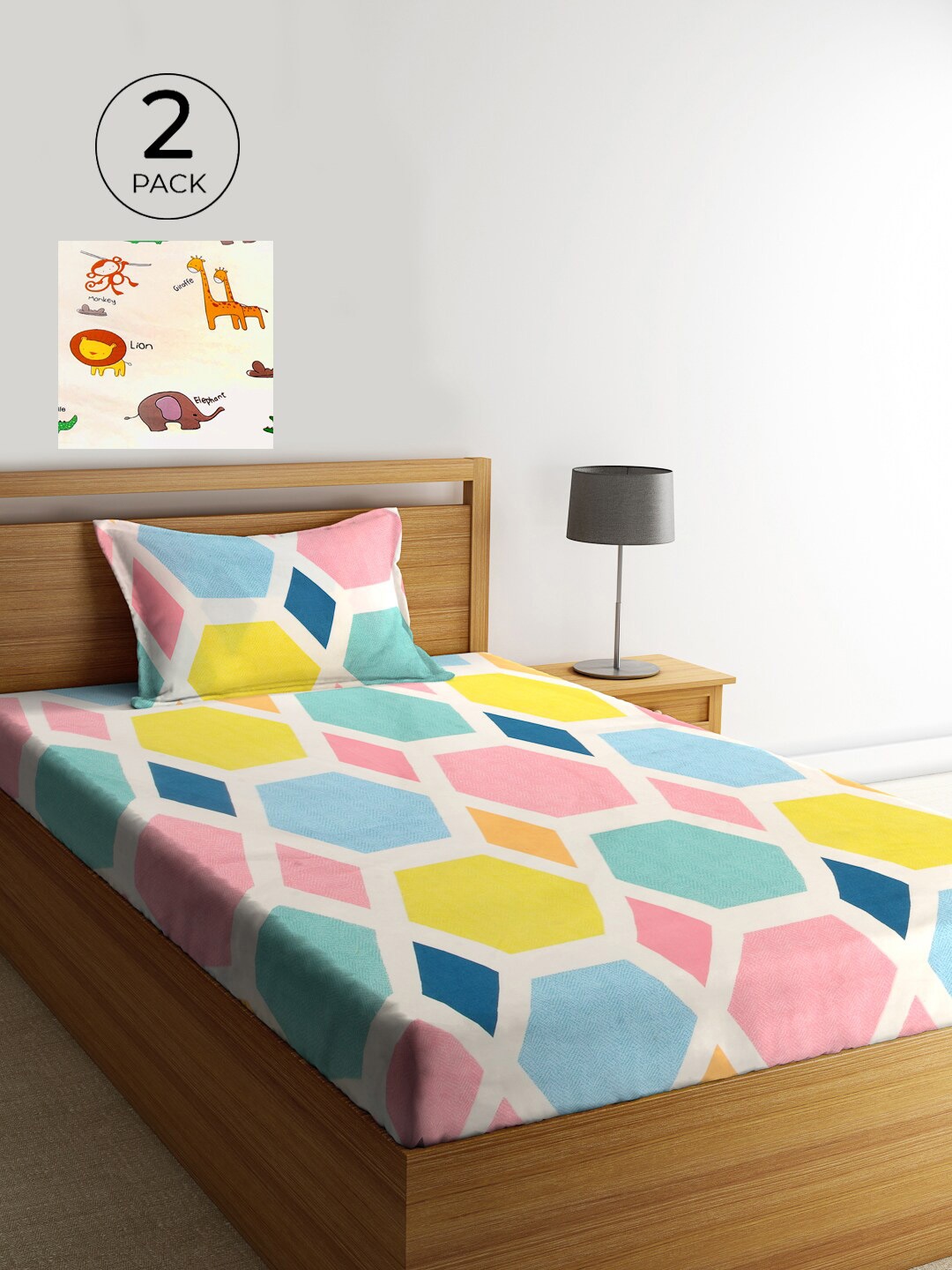 

KLOTTHE Blue Geometric 210 TC Cotton 2 Single Bedsheet with 2 Pillow Cover, White