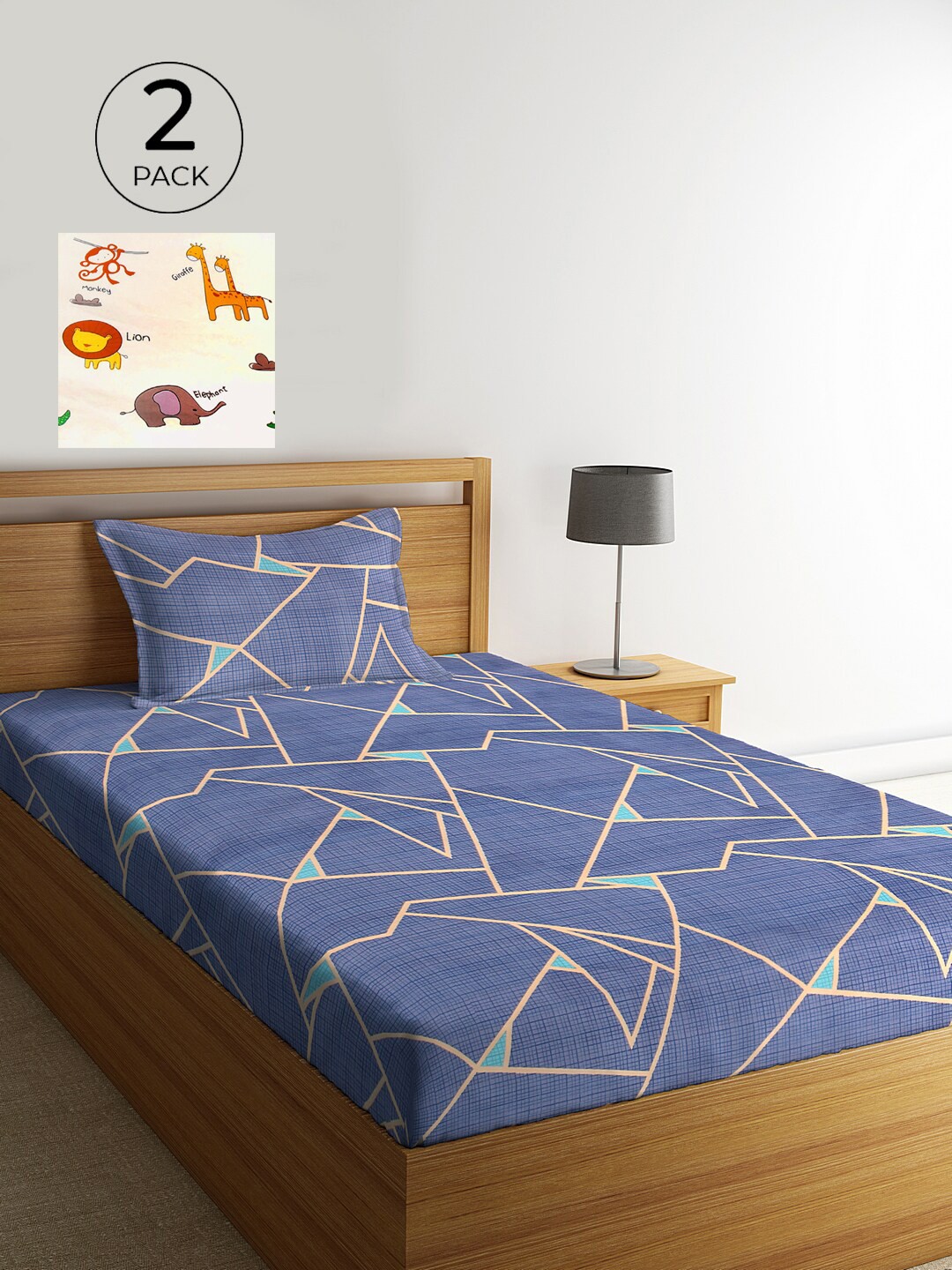 

KLOTTHE Blue Geometric 210 TC Cotton 2 Single Bedsheet with 2 Pillow Cover, Navy blue