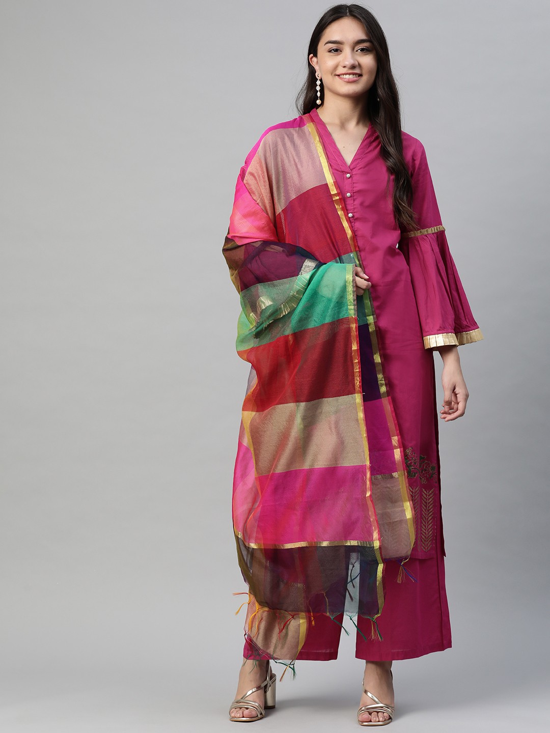 

Tulsattva Women Magenta Regular Pure Cotton Kurta with Palazzos & With Dupatta