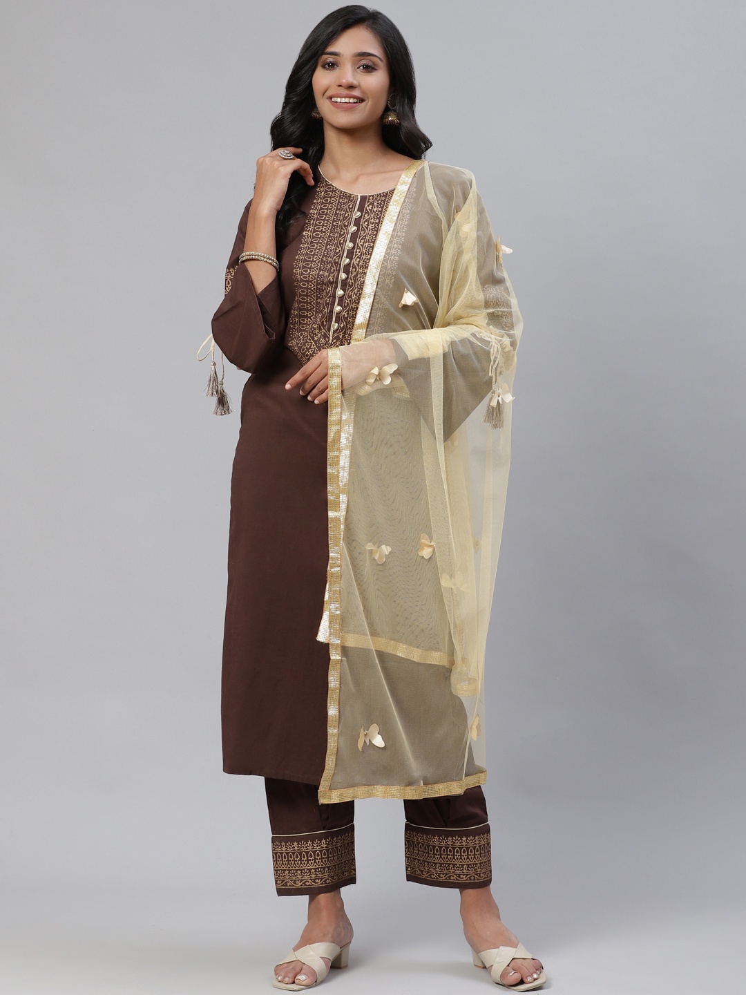 

Tulsattva Women Brown Ethnic Motifs Yoke Design Regular Pure Cotton Kurta with Palazzos & With Dupatta