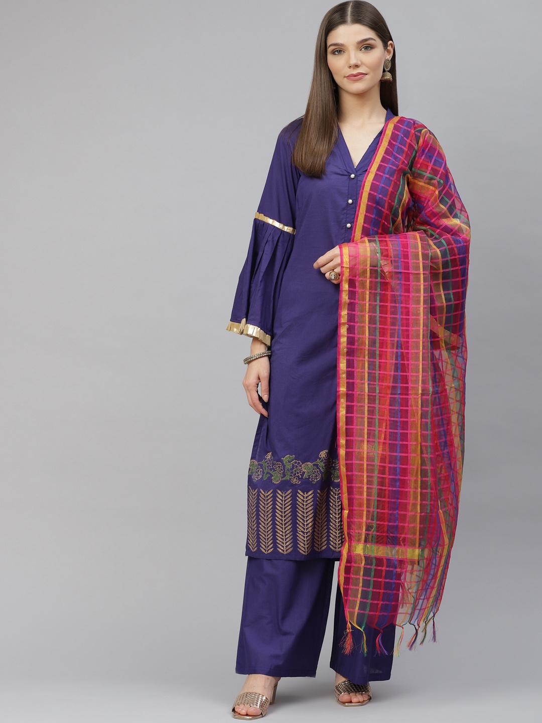 

Tulsattva Women Blue Ethnic Motifs Printed Regular Pure Cotton Kurta with Palazzos & With Dupatta