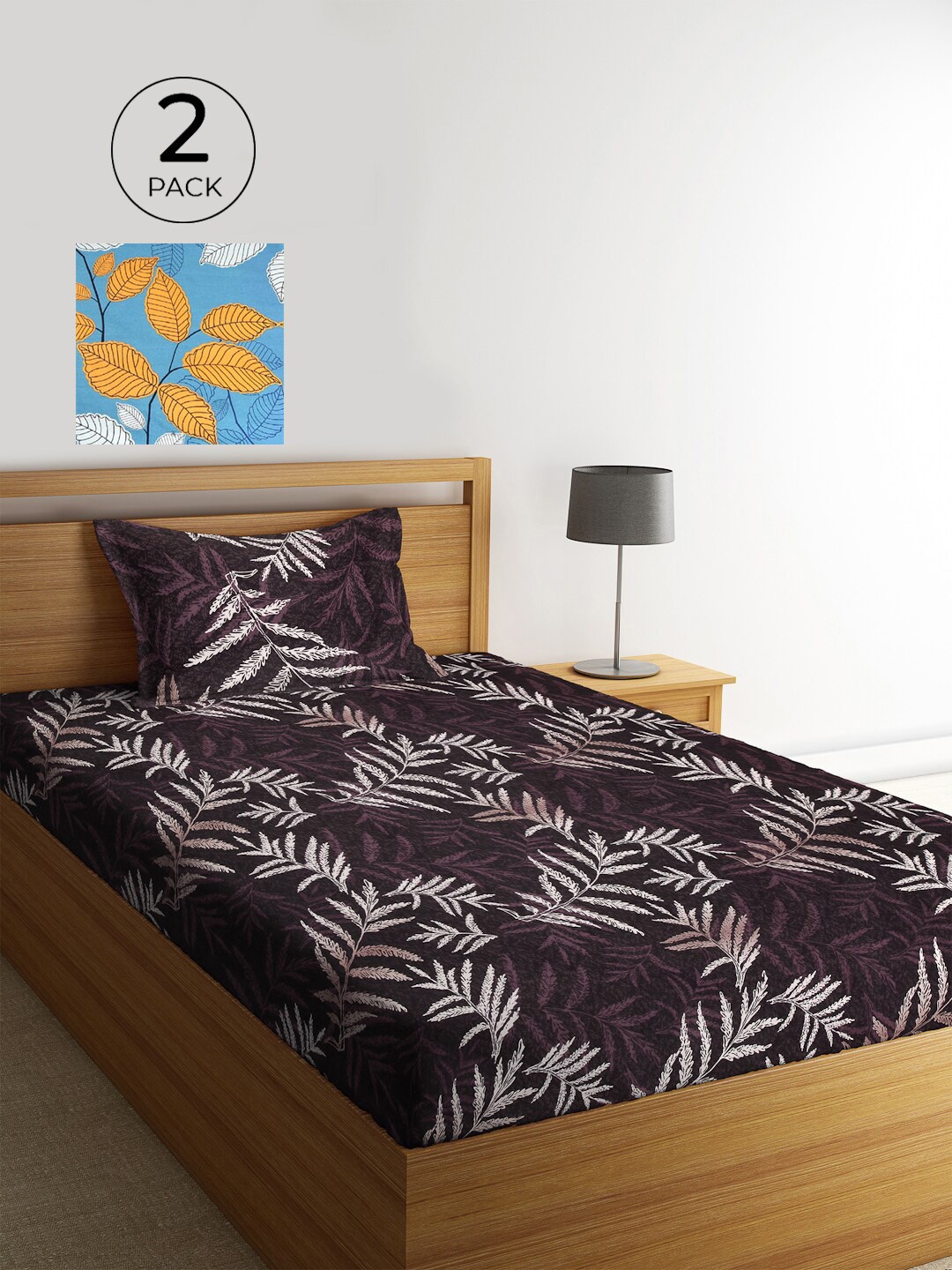

KLOTTHE Set Of 2 Blue & Brown Floral 210 TC Single Bedsheet with 2 Pillow Covers