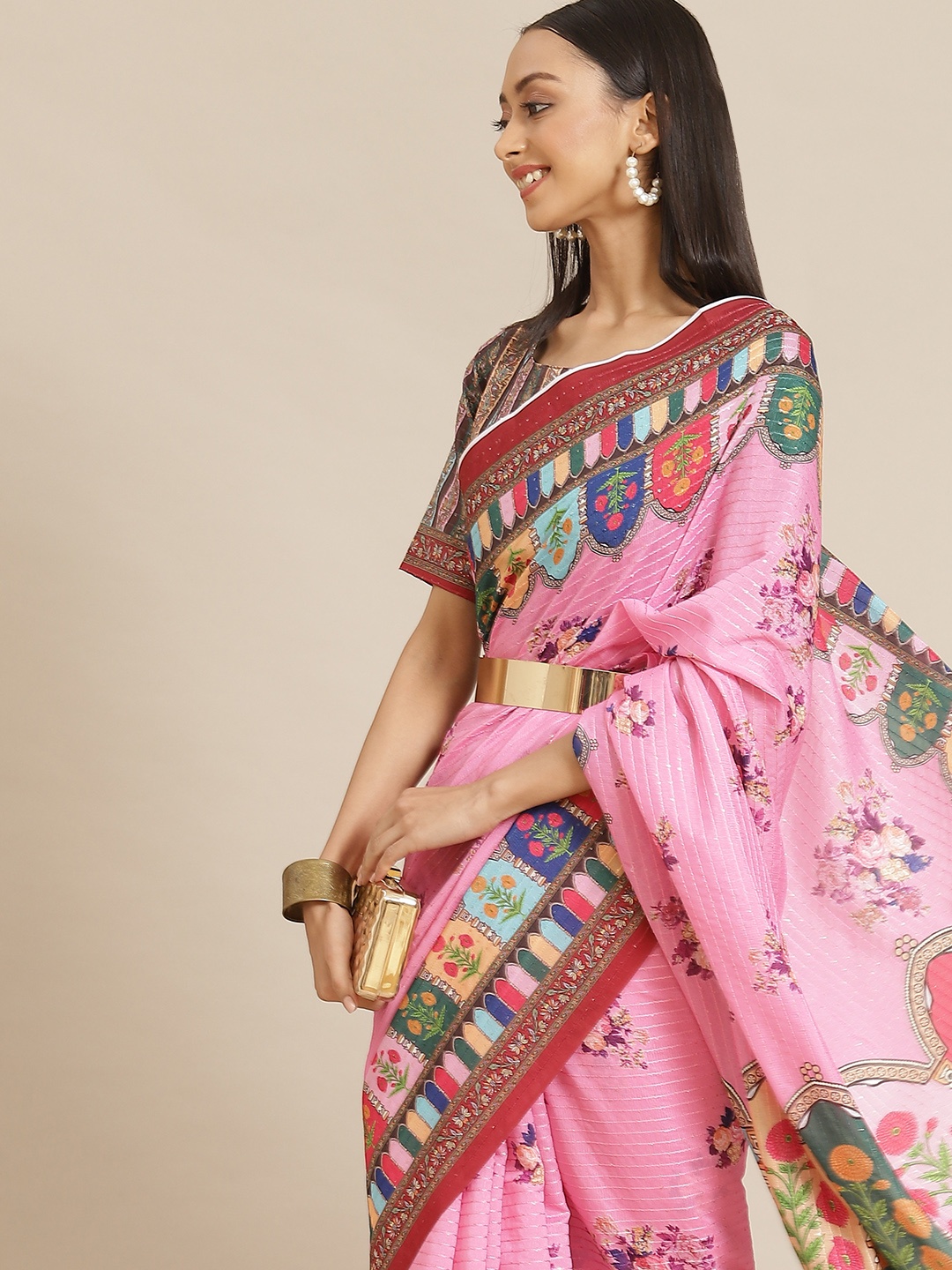 

Saree mall Pink & Blue Floral Silk Blend Sarees