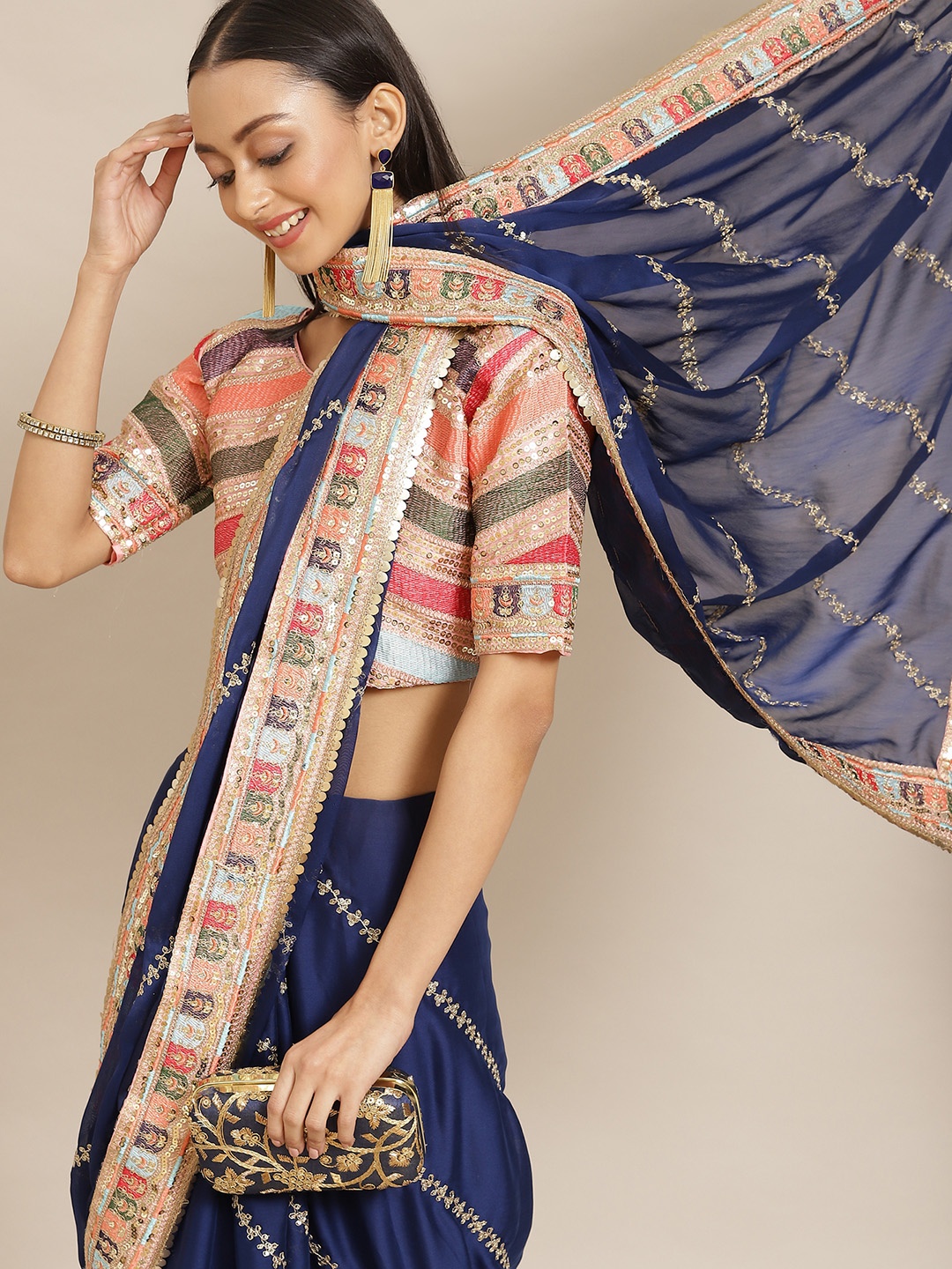 

Saree mall Navy Blue Embellished Sequinned Heavy Work Sarees