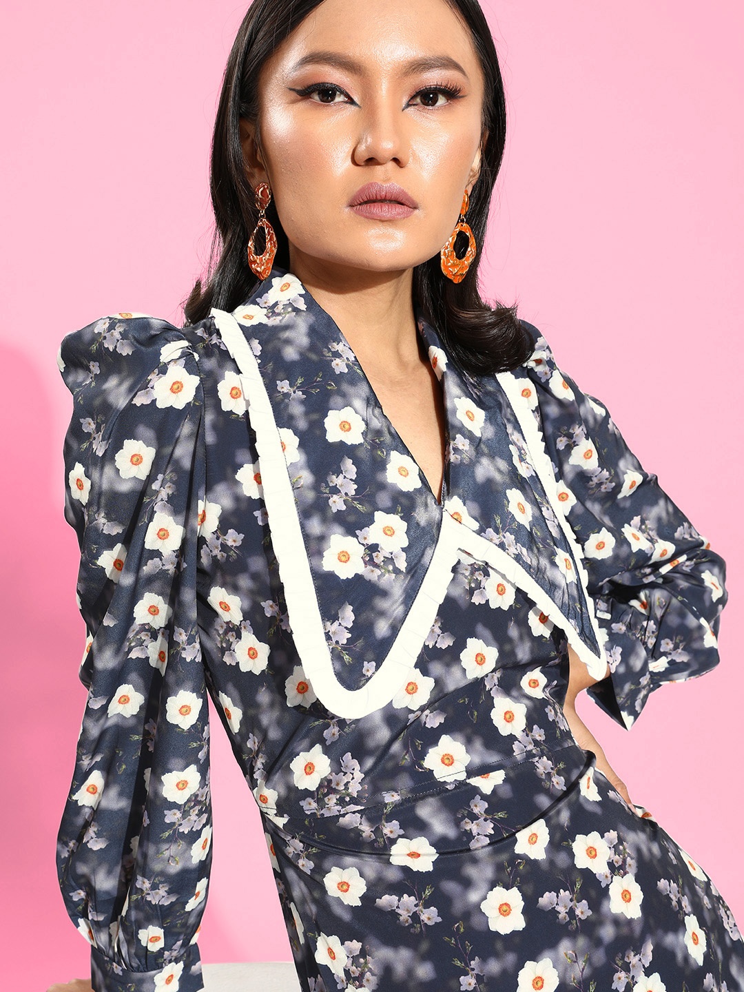 

Athena Women Deep Navy Blue Floral Above The Keyboard Collar Dress