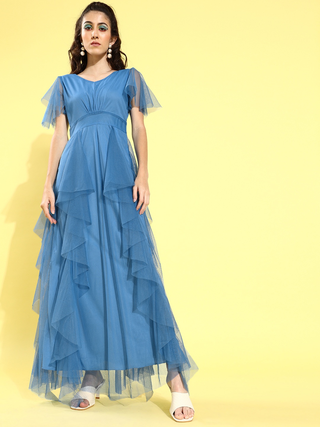 

U&F Women Blue Solid Layered Maxi Dress