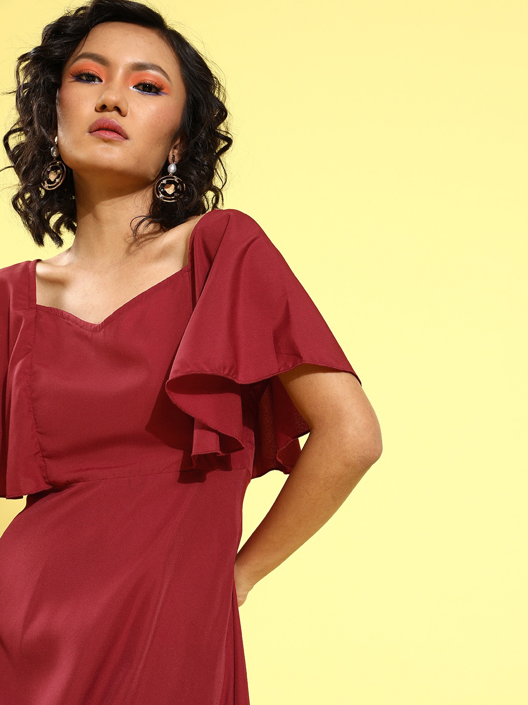 

U&F Women Maroon Solid A-Line Midi Dress