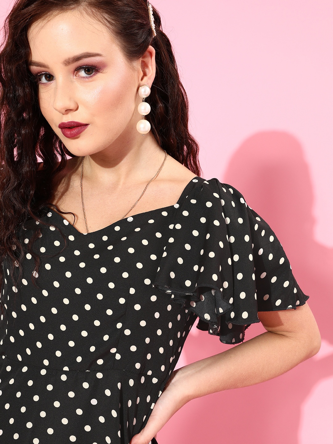 

U&F Women Black & White Polka Dots Printed Crepe A-Line Dress